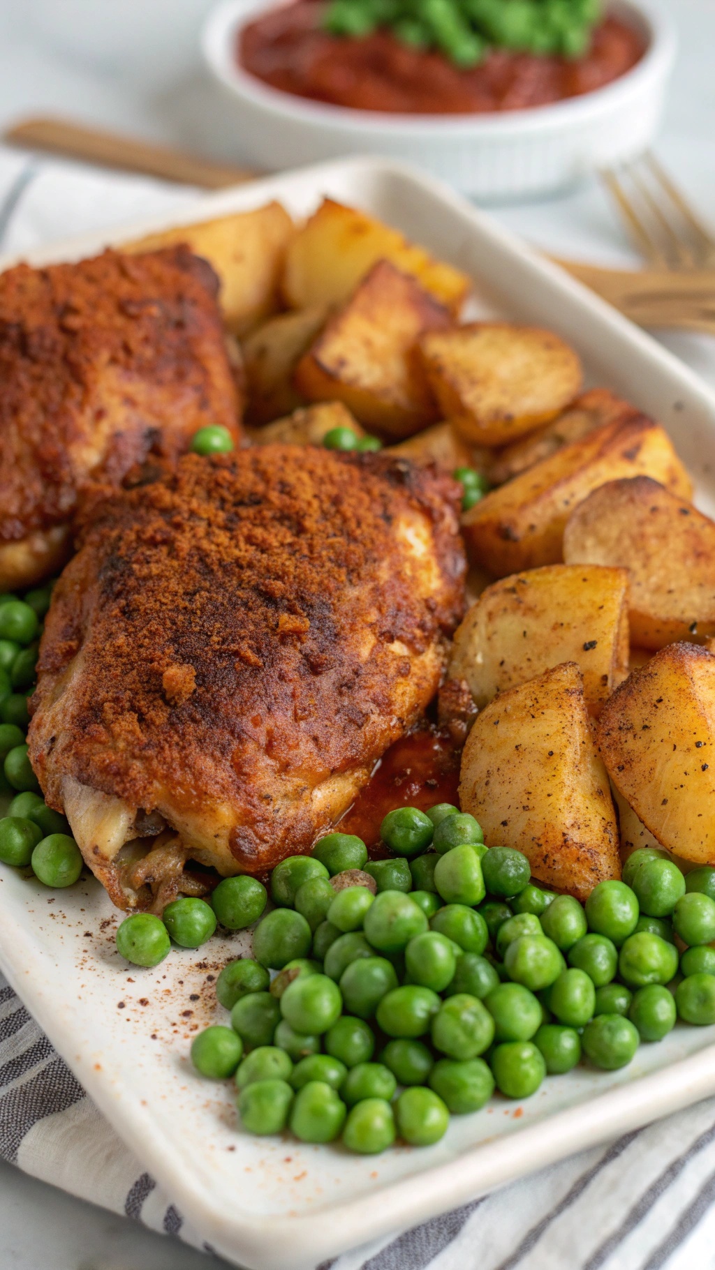 Crispy baked chicken thighs served with roasted potatoes and green peas.