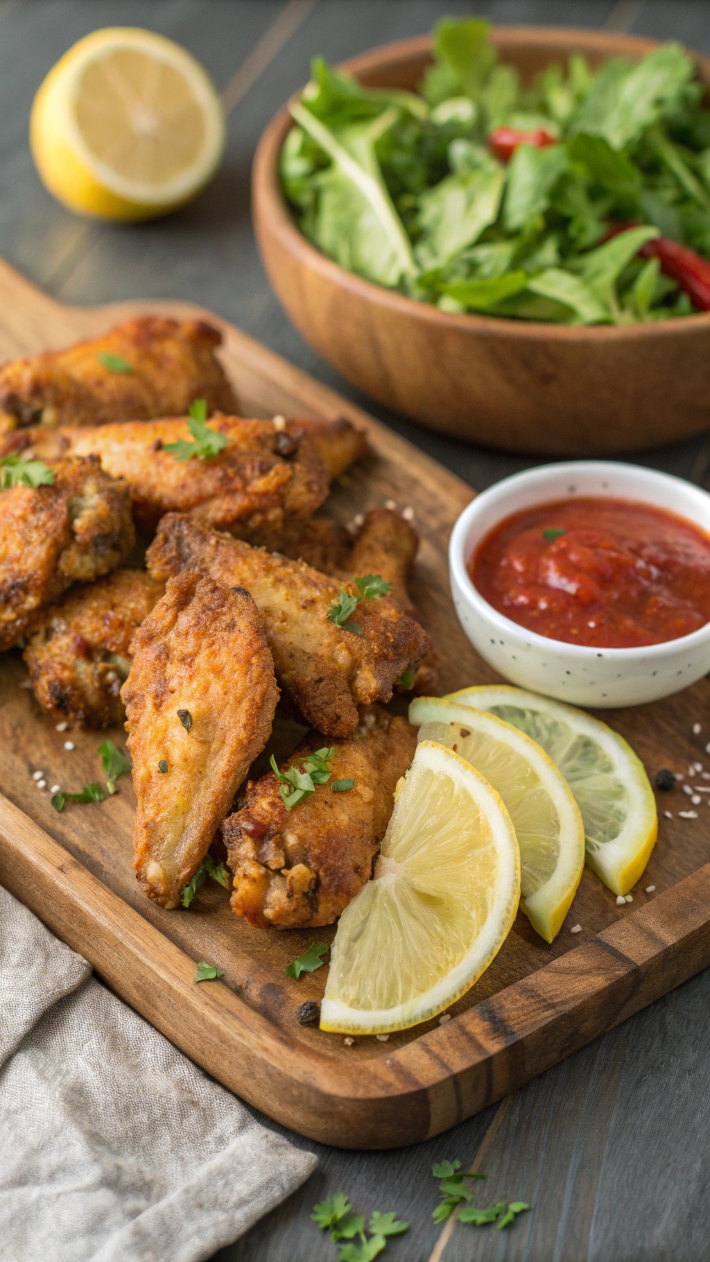 Crispy baked lemon pepper chicken wings served with lemon slices and a side salad.