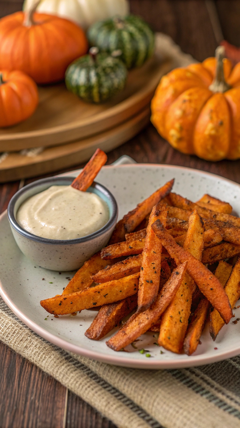 Crispy baked sweet potato fries served with a creamy dipping sauce, surrounded by decorative pumpkins.