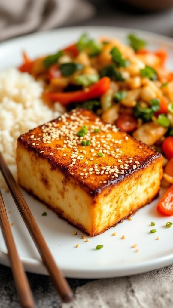 Crispy baked tofu with sesame seeds served with vegetables and rice