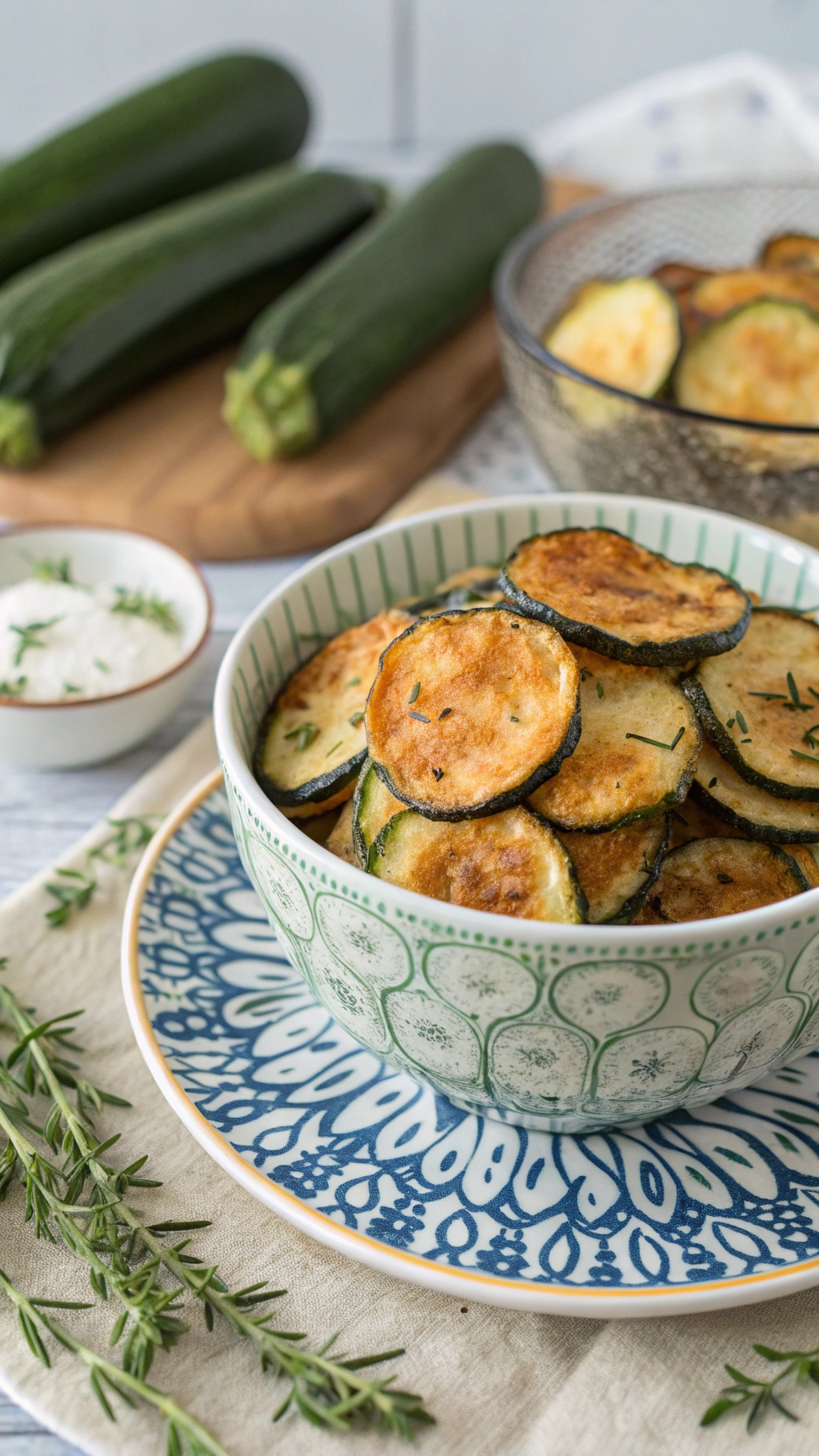 A bowl of crispy baked zucchini chips with fresh zucchinis in the background.