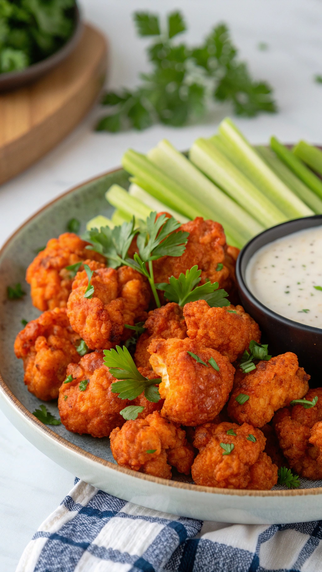 A plate of crispy cauliflower buffalo wings garnished with parsley, served with celery sticks and a creamy dip.