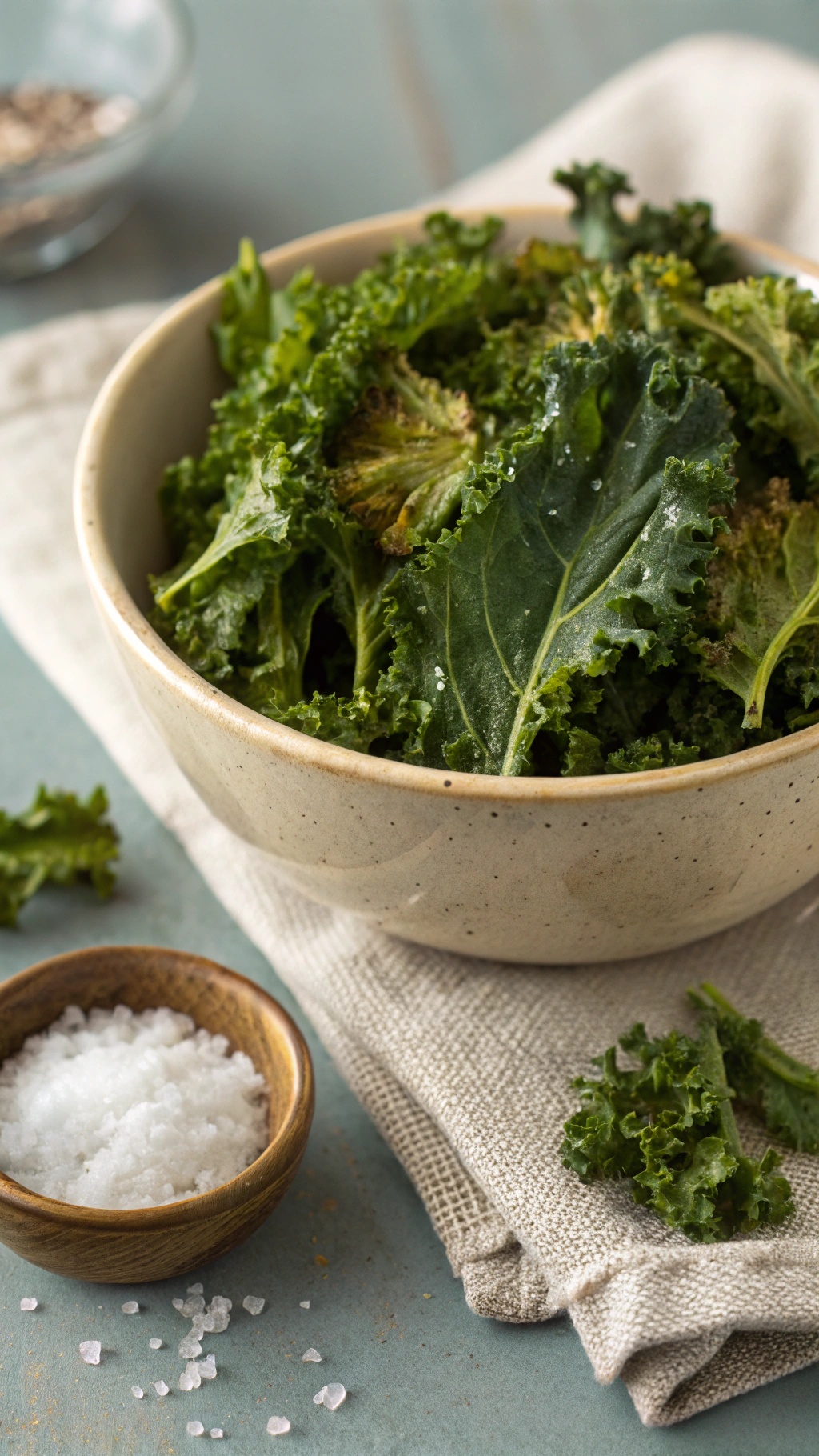A bowl of crispy kale chips with a small bowl of salt beside it.