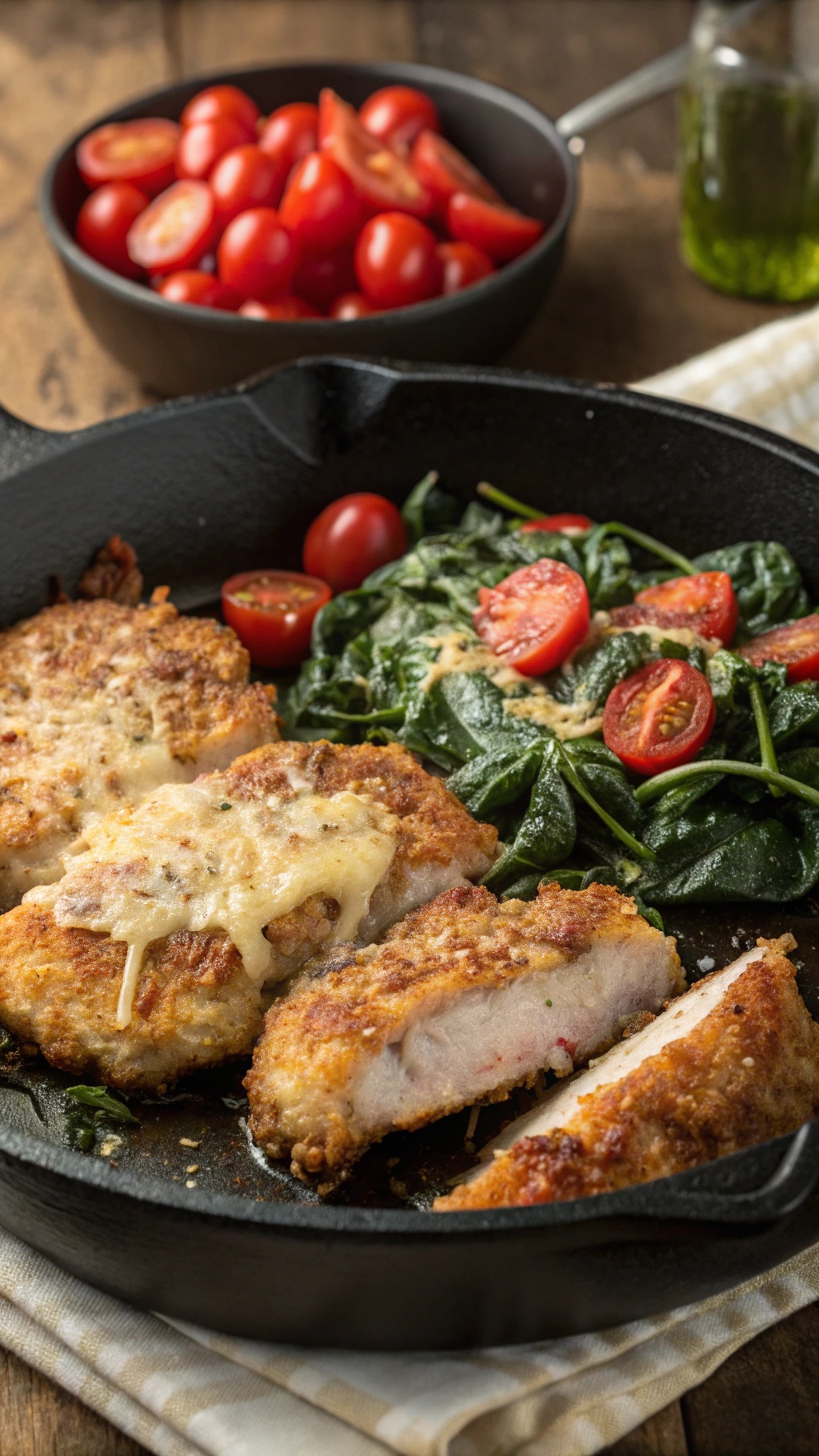 Crispy Parmesan-Crusted Pork Chops served with spinach and cherry tomatoes