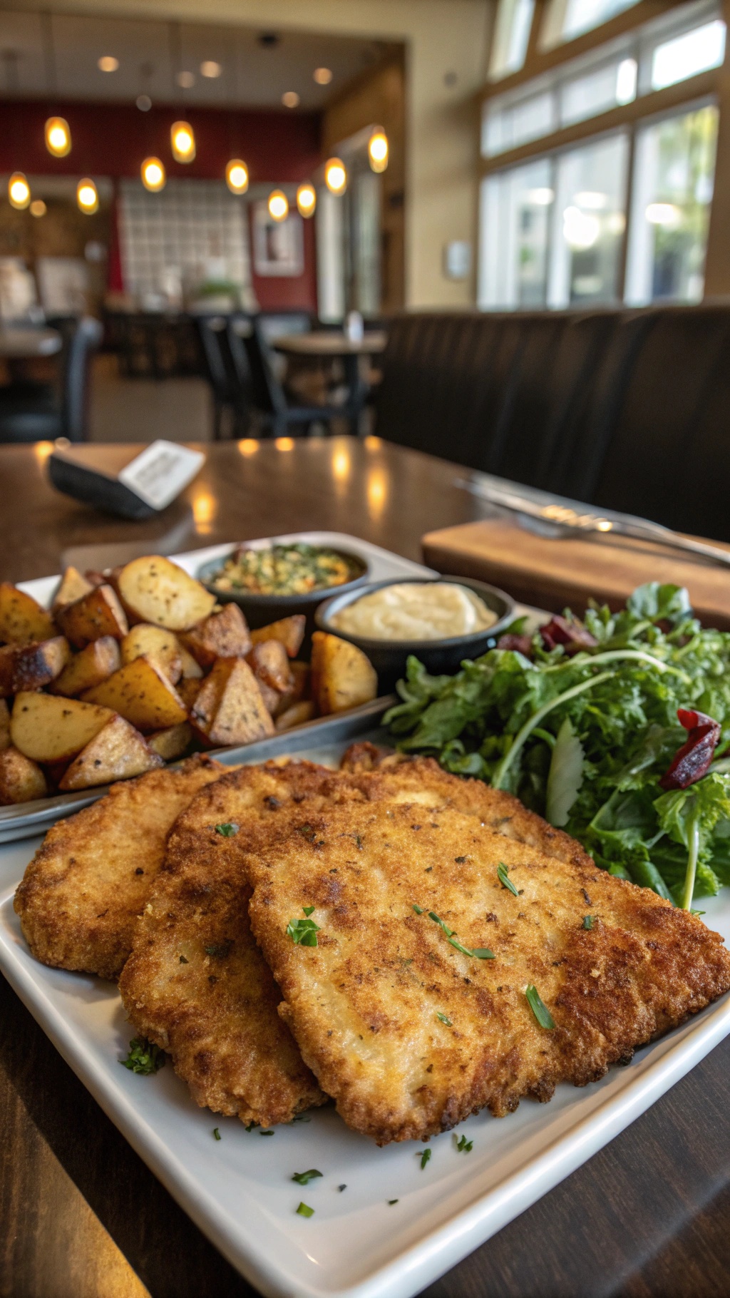 Crispy Parmesan Crusted Pork Chops served with roasted potatoes and salad
