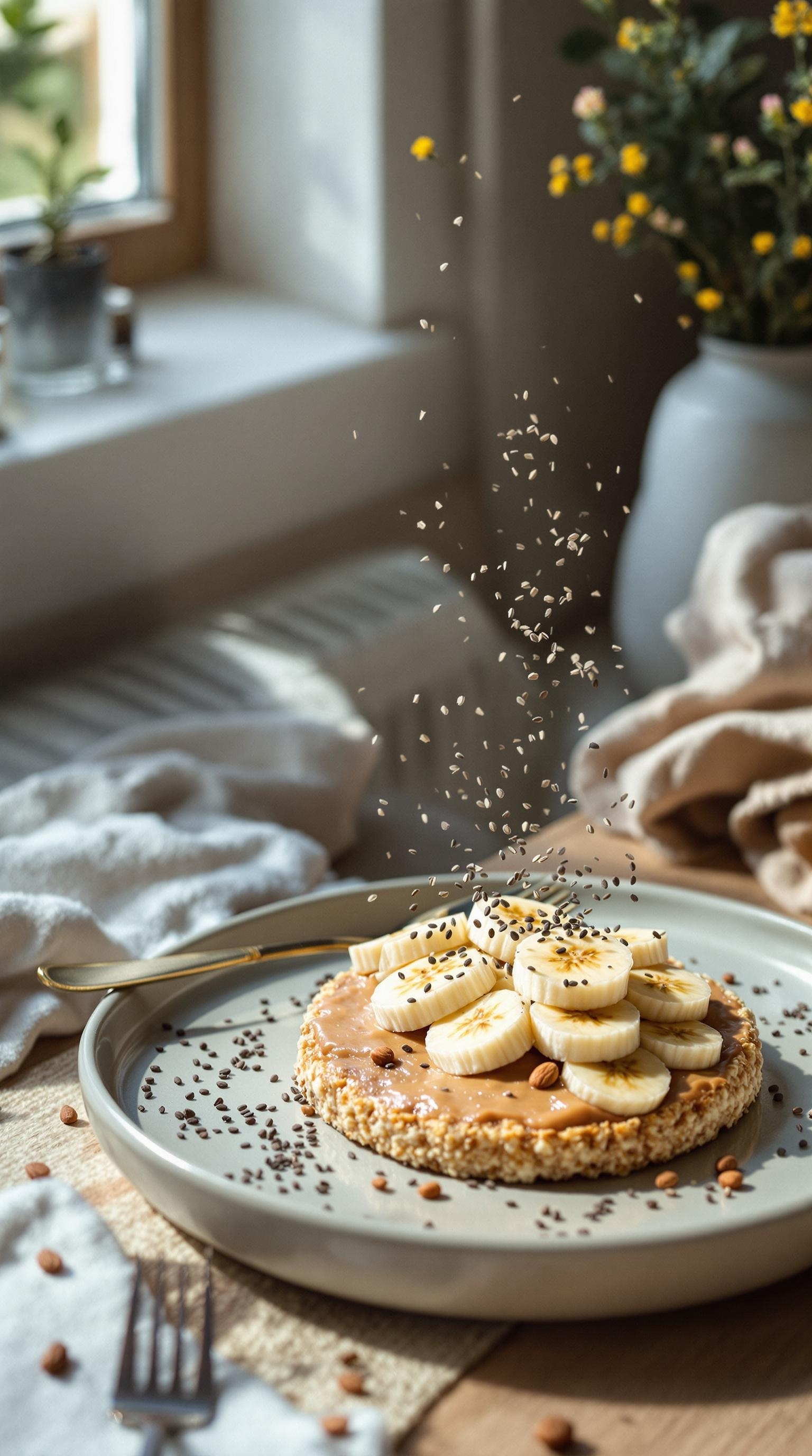 A crispy rice cake topped with nut butter and banana slices, sprinkled with seeds, on a plate.
