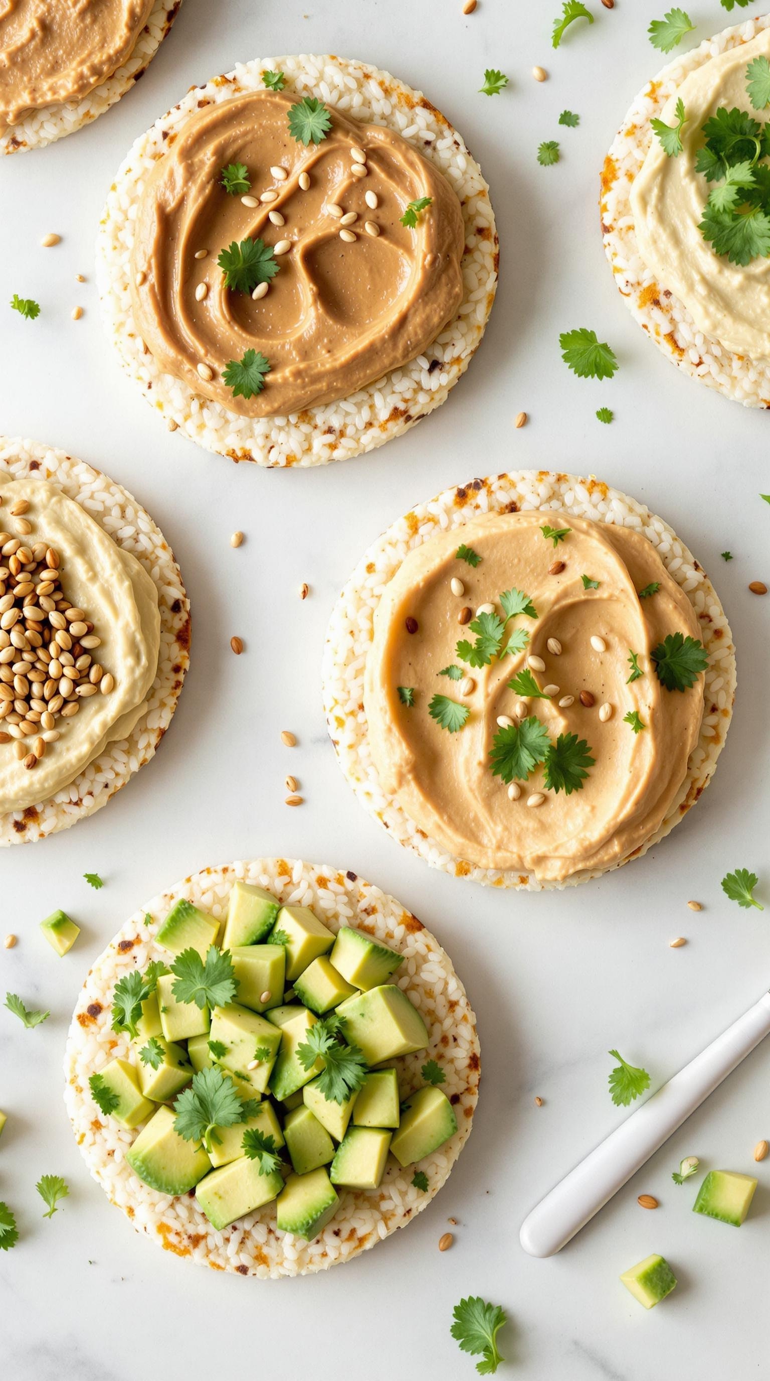 Crispy rice cakes topped with peanut butter, hummus, and avocado, garnished with cilantro and sesame seeds.