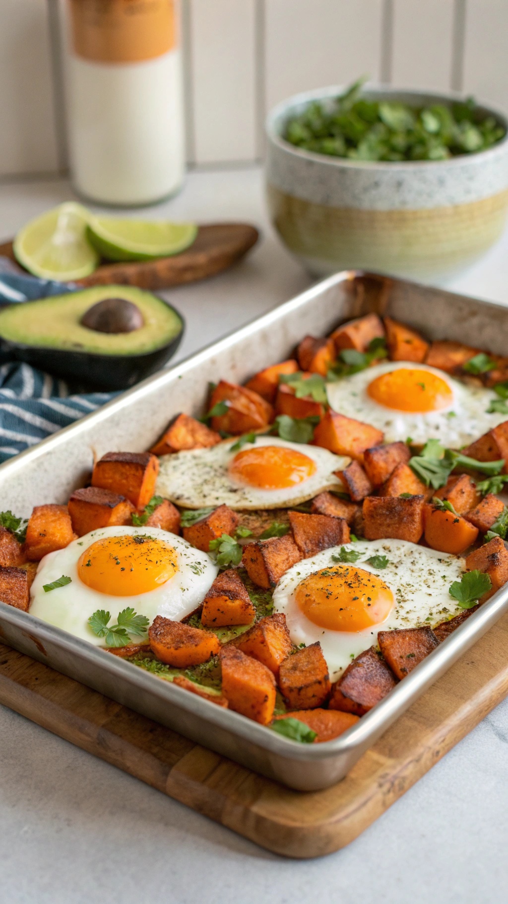 A sheet pan filled with crispy sweet potatoes and eggs, garnished with cilantro and lime.