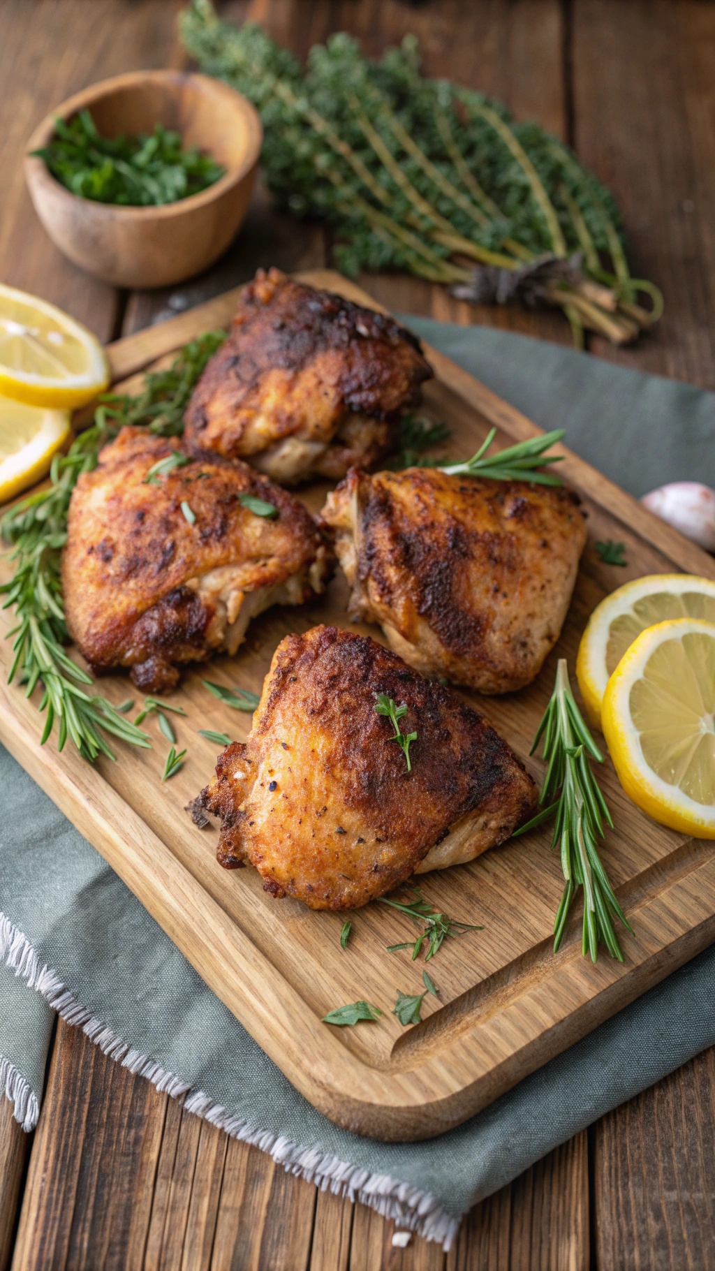 Crispy skin chicken thighs served on a wooden board with herbs and lemon slices