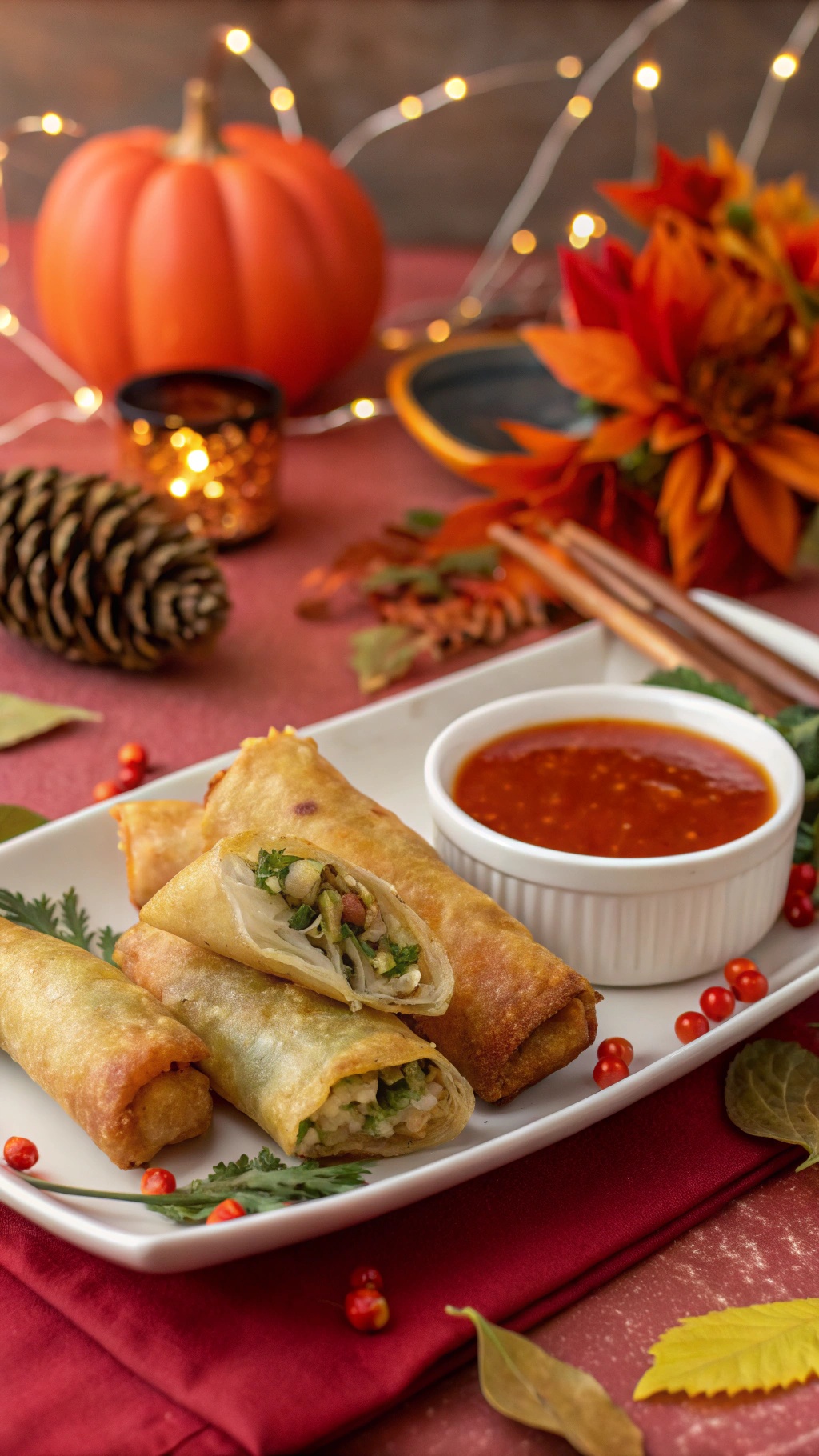 Crispy vegetable spring rolls served with dipping sauce on a festive table.