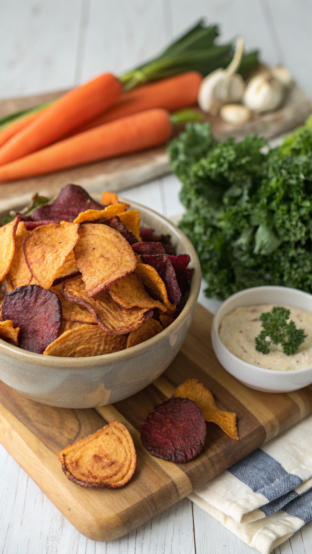 A bowl of crispy veggie chips made from sweet potatoes, beets, and kale, with fresh vegetables in the background.