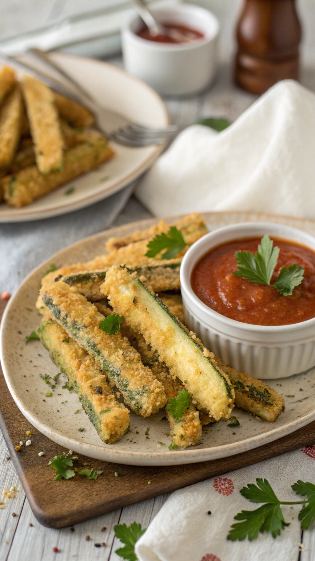 A plate of crispy zucchini fries served with a spicy dip