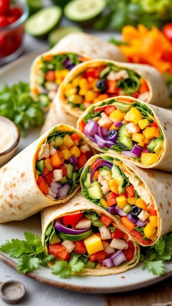 Colorful rainbow veggie wraps filled with fresh vegetables on a plate