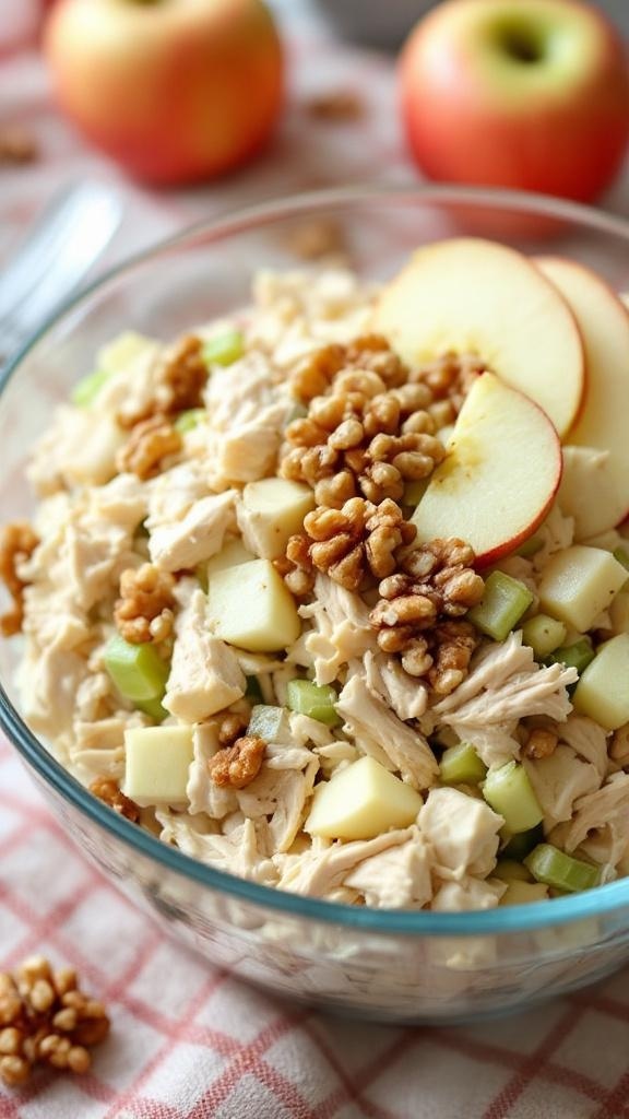 A bowl of crunchy apple and walnut chicken salad with diced apples, shredded chicken, and walnuts on top.