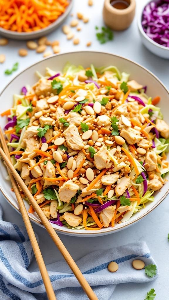 A colorful Crunchy Asian Chicken Salad with chicken, mixed vegetables, and peanuts.