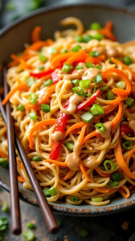 A bowl of crunchy Asian noodle salad with colorful vegetables and peanut dressing, served with chopsticks.