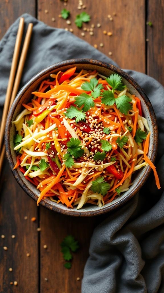 A bowl of colorful crunchy Asian slaw with carrots, cabbage, and cilantro, garnished with sesame seeds.
