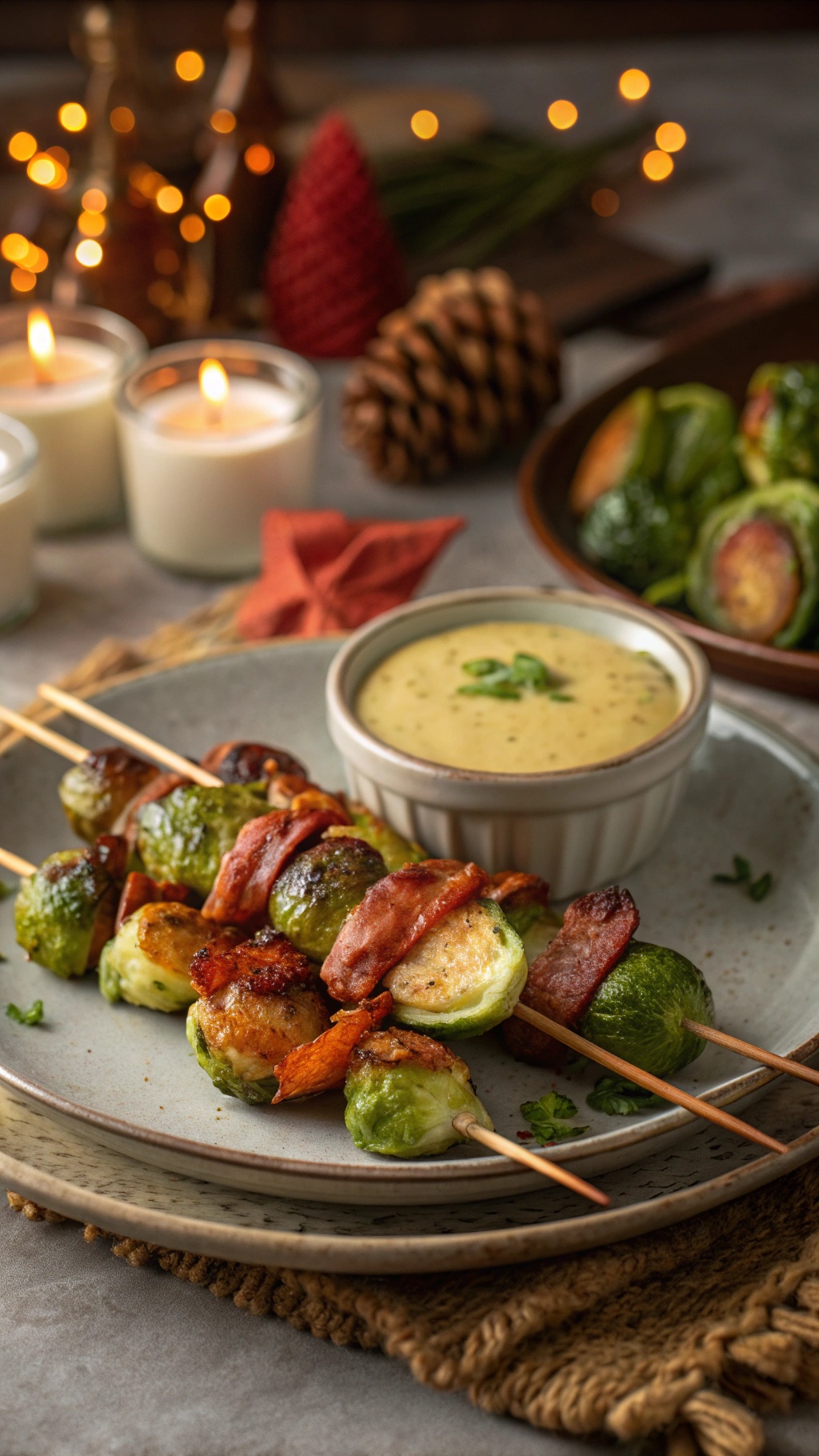Crunchy Brussels sprouts and bacon skewers served with a dipping sauce.