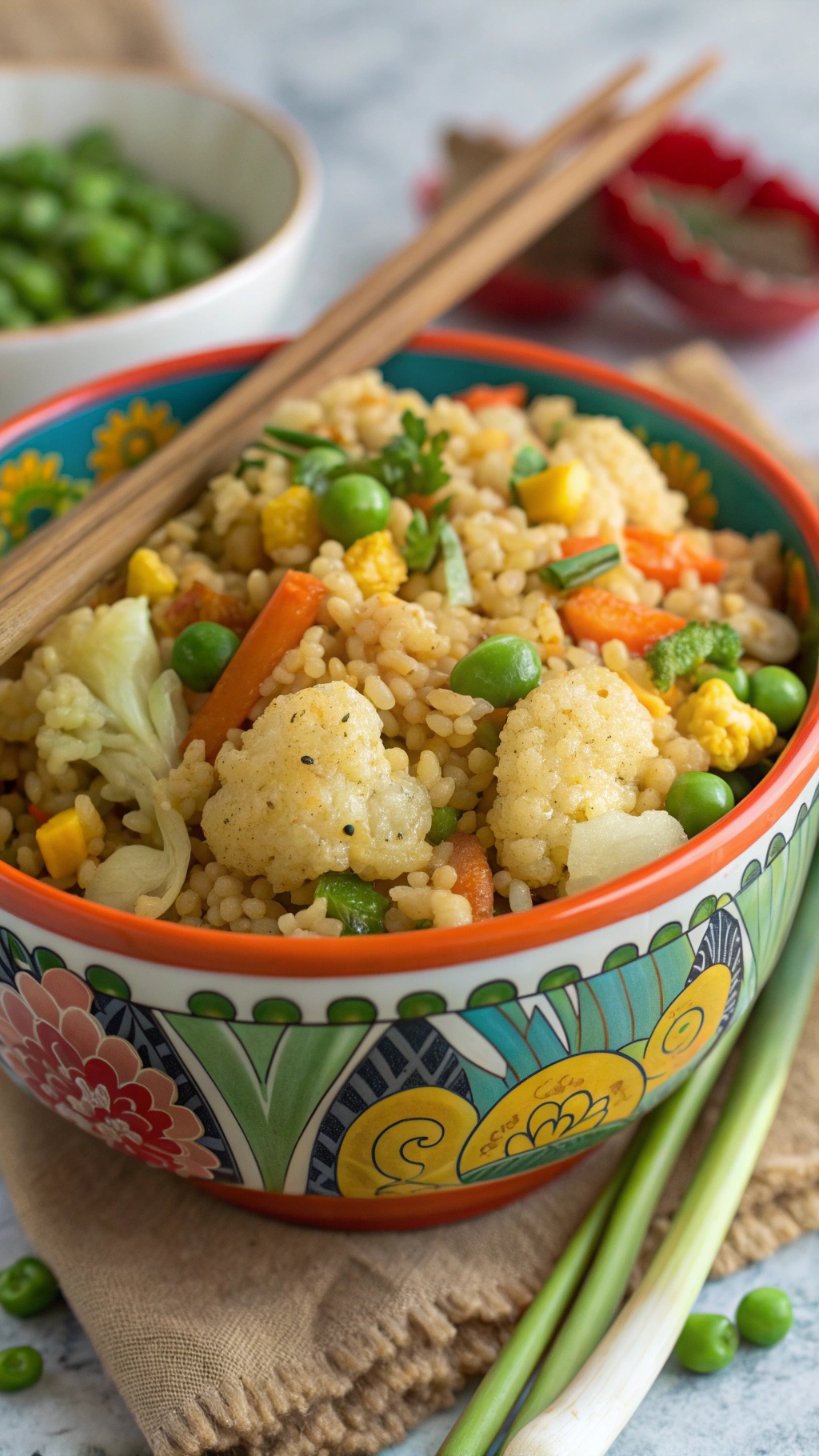A colorful bowl of crunchy cauliflower fried rice with mixed vegetables and chopsticks