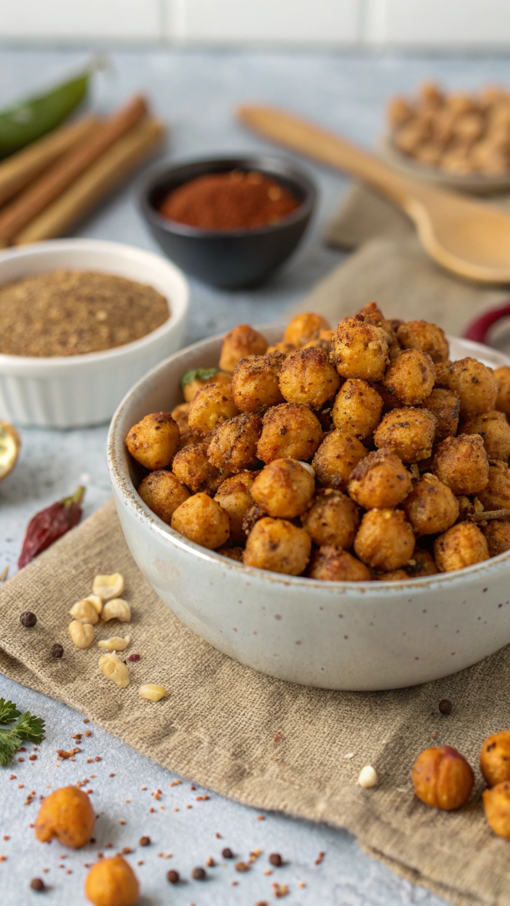 A bowl of crunchy roasted chickpeas surrounded by spices on a table.