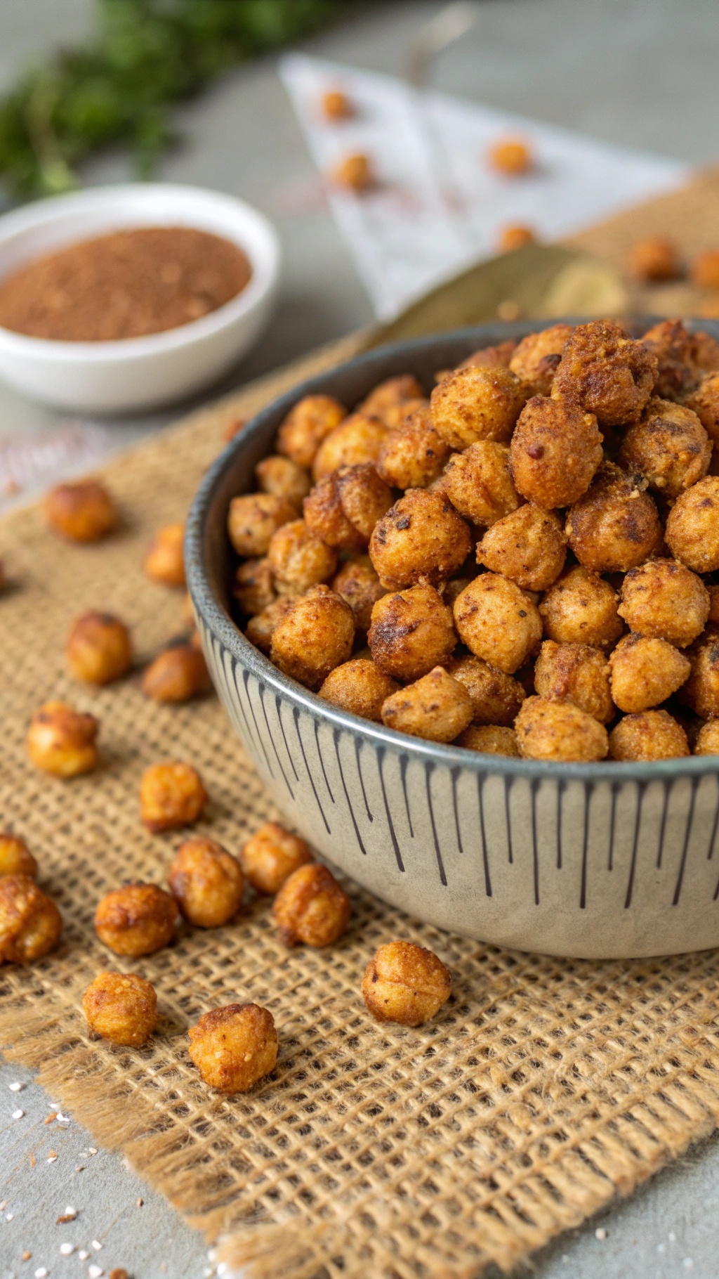 A bowl of crunchy roasted chickpeas on a burlap surface, with some scattered around and a small bowl of seasoning in the background.