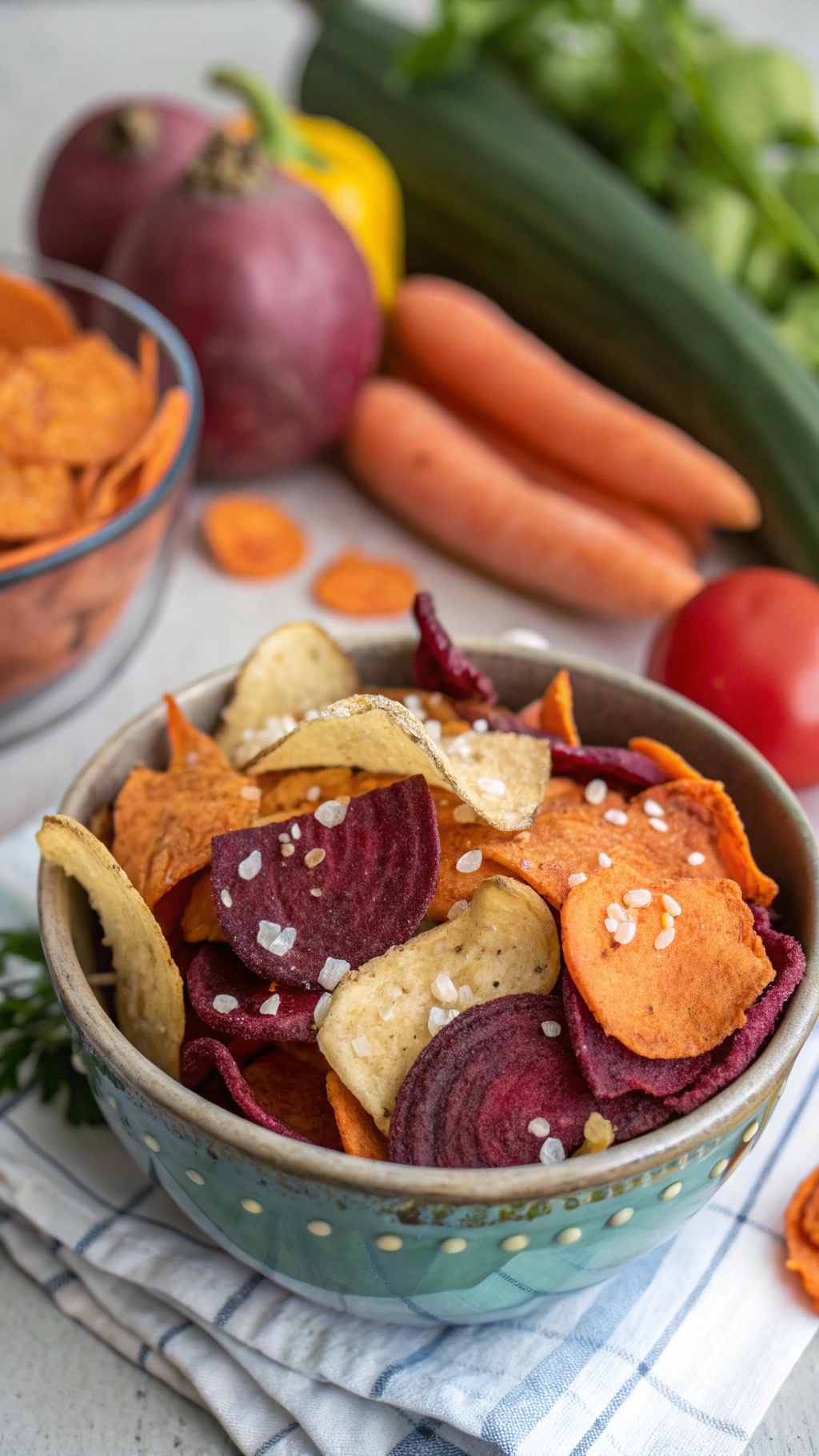 A bowl of colorful veggie chips made from sweet potatoes, beets, and zucchini, surrounded by fresh vegetables.