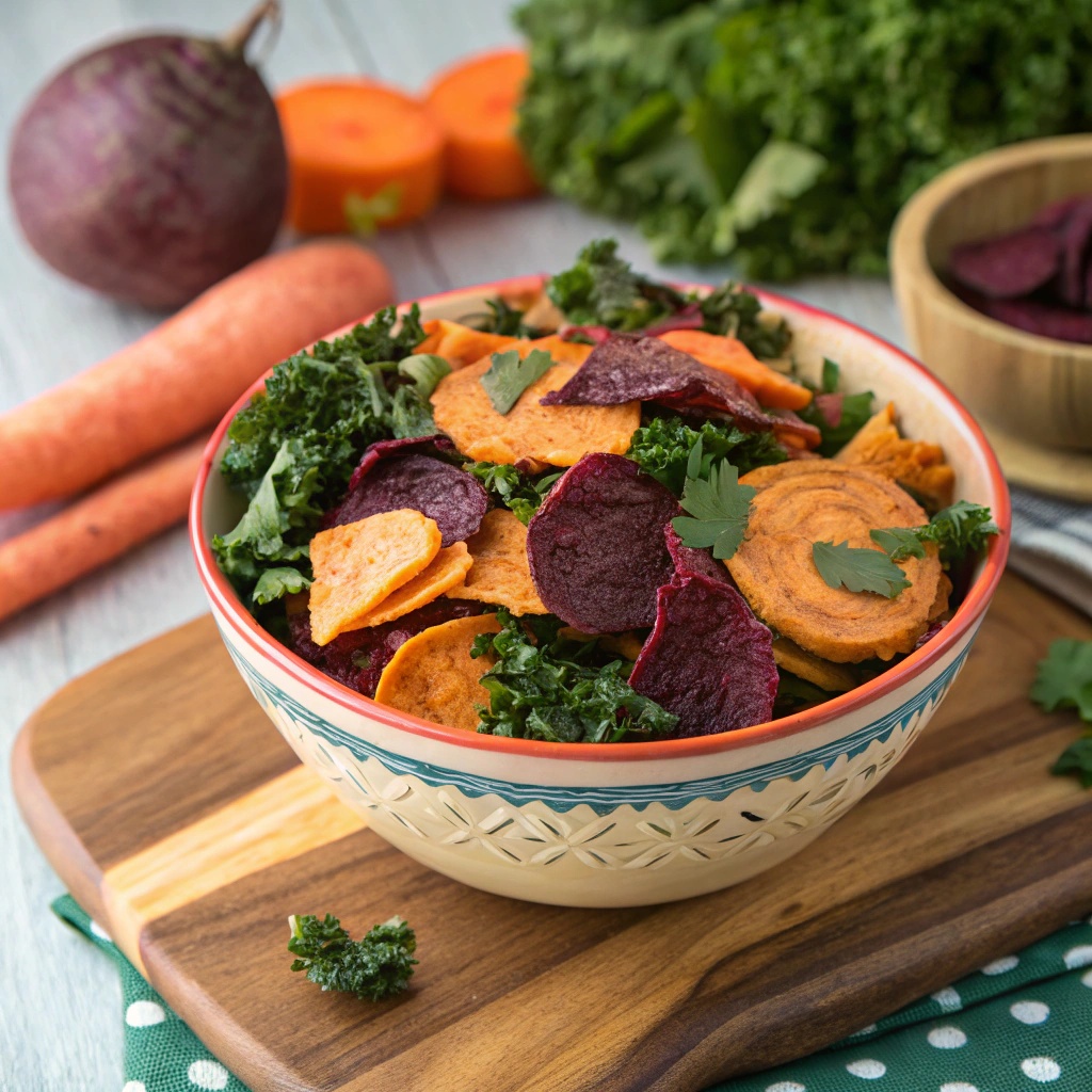 A bowl of colorful veggie chips made from kale, sweet potatoes, and beets, garnished with fresh herbs.