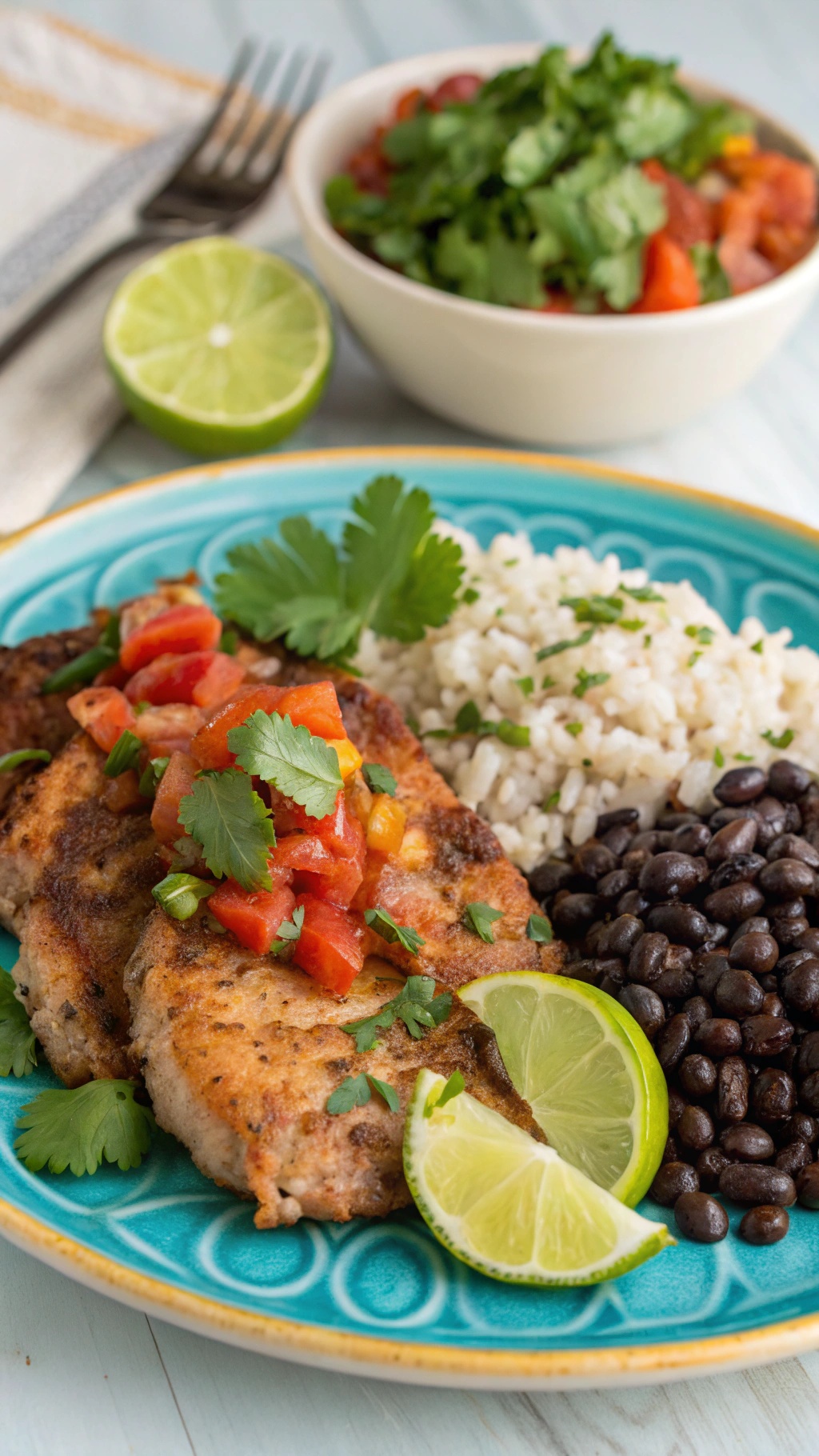 Cuban-style pork chops with black beans and rice, garnished with tomatoes and cilantro.