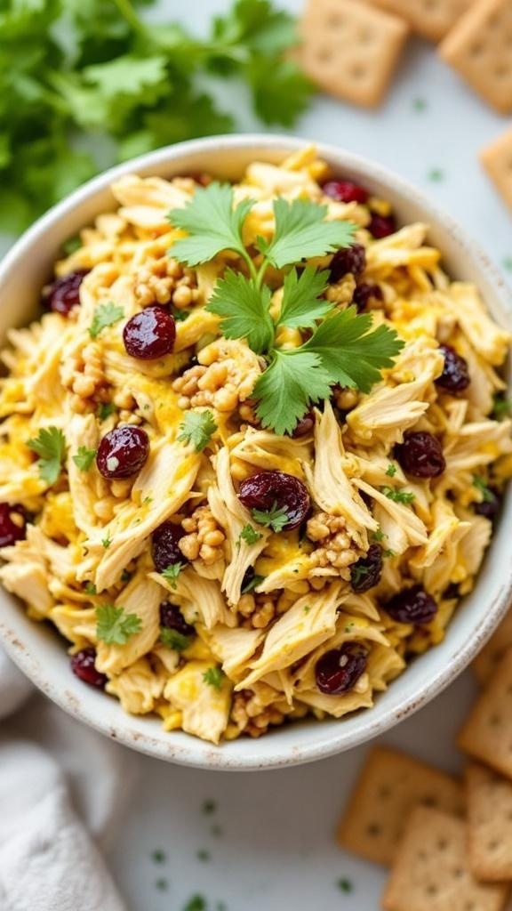 Curried chicken salad with dried cranberries and nuts in a bowl, garnished with cilantro.
