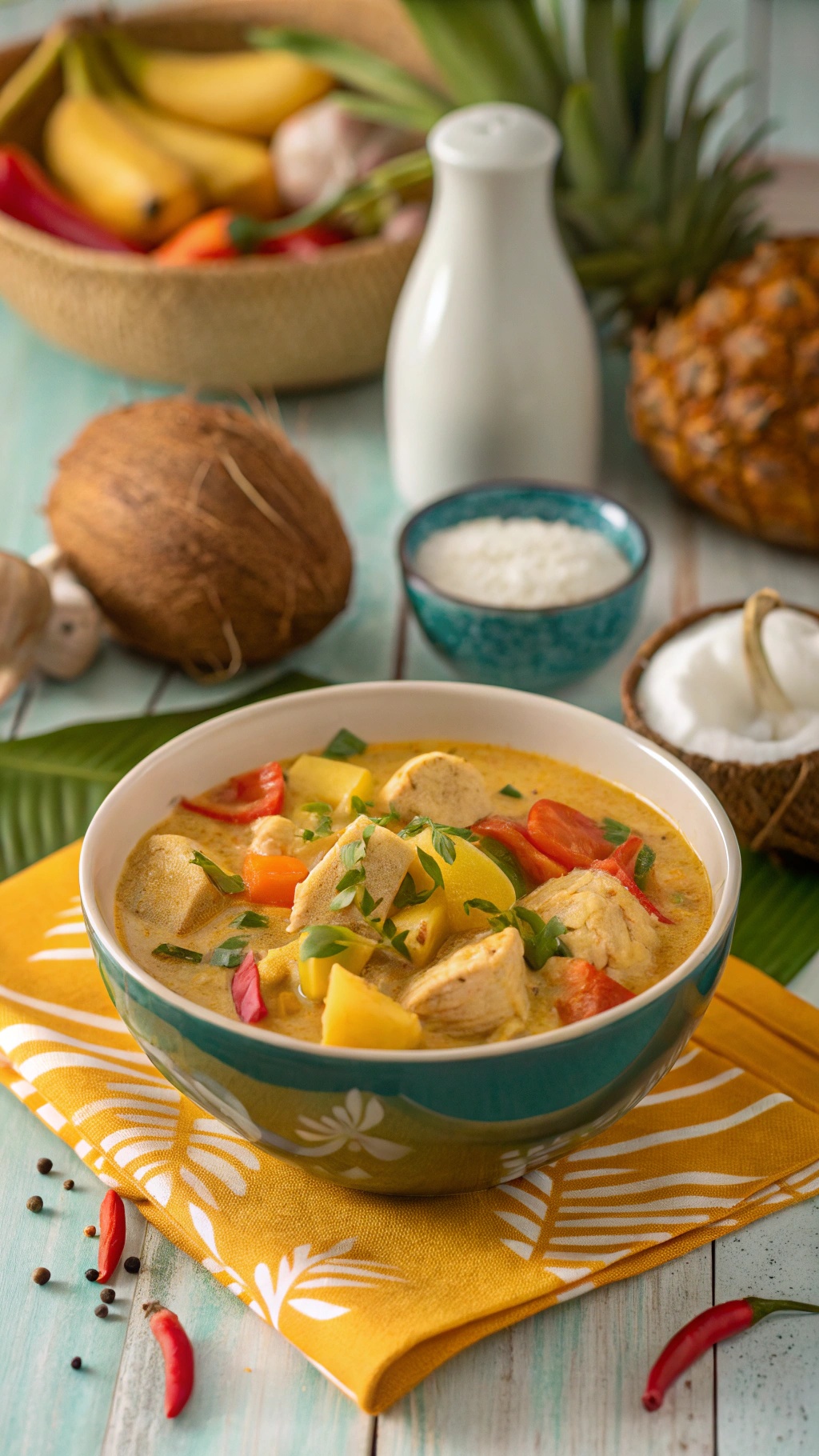 A bowl of curried coconut chicken stew with colorful vegetables and a creamy coconut base