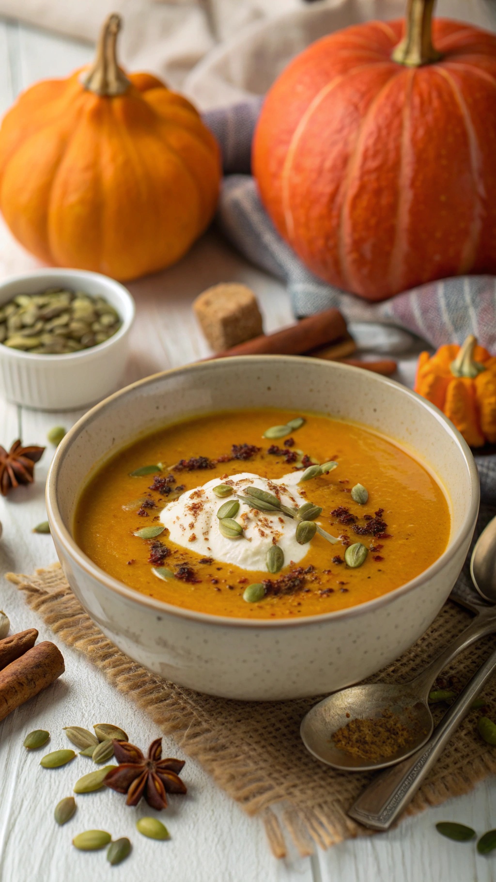 A bowl of curried pumpkin soup topped with cream and pumpkin seeds, surrounded by pumpkins and spices.