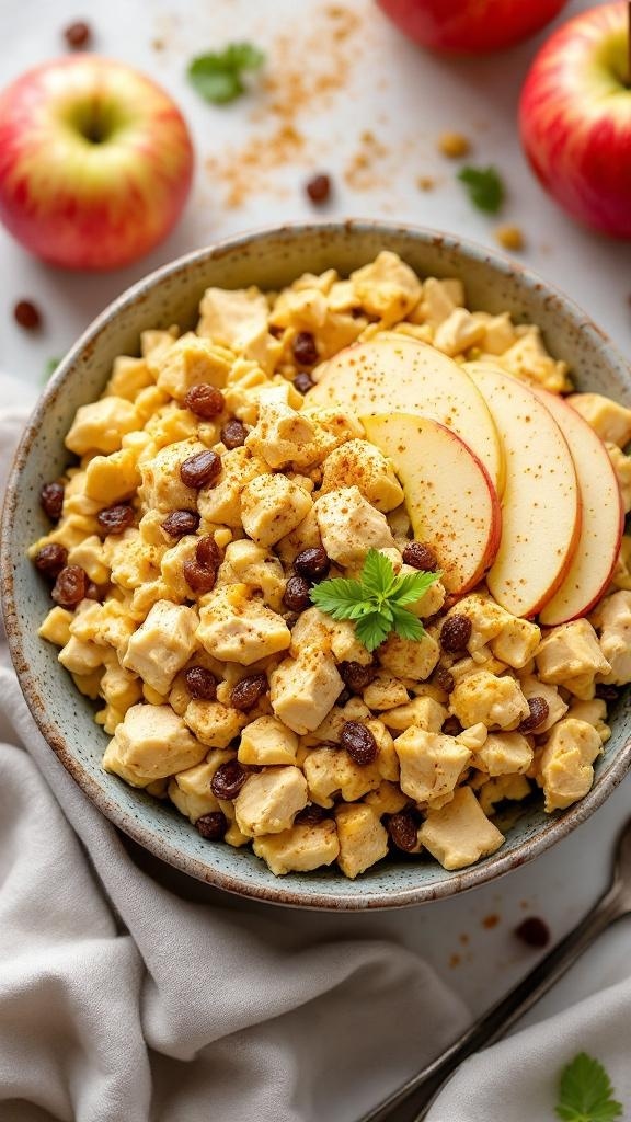 A bowl of curry chicken salad with apples, garnished with apple slices and cilantro, surrounded by fresh apples.