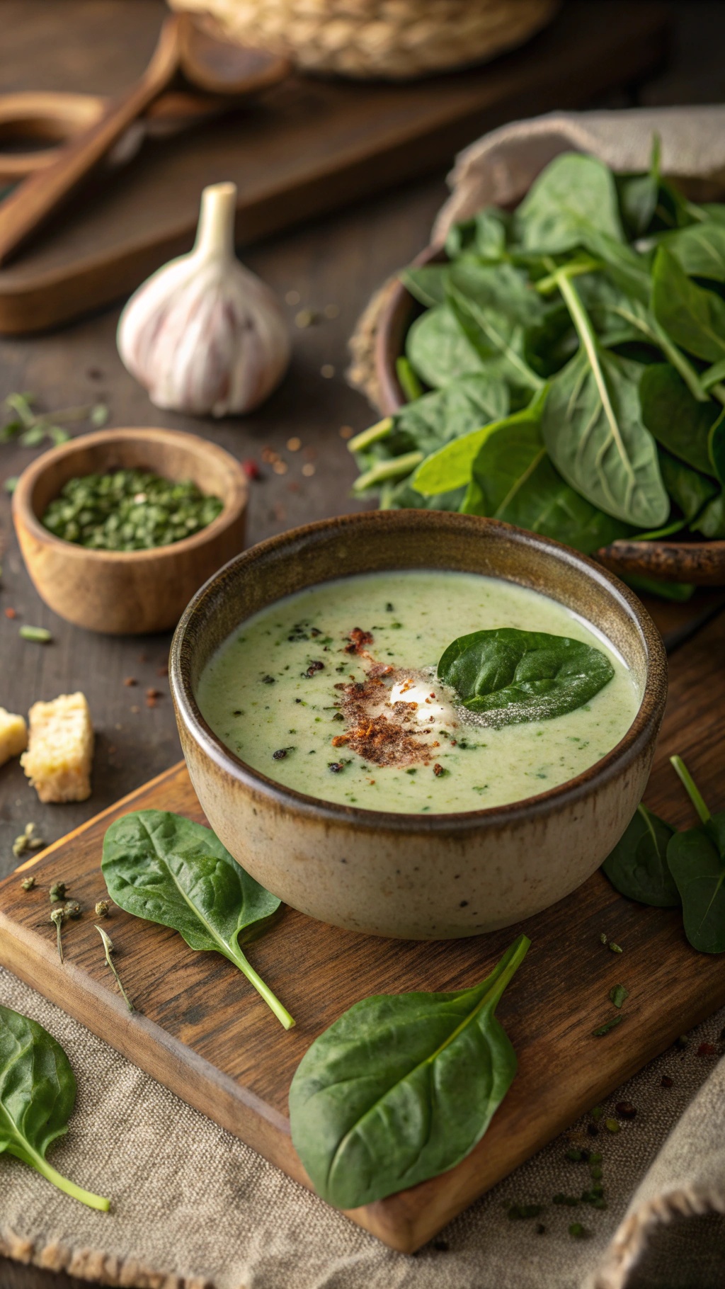 A bowl of dairy-free spinach detox soup with fresh spinach leaves and garlic in the background.