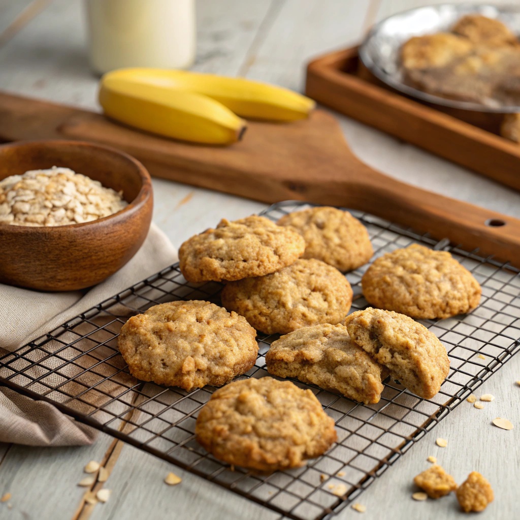 Freshly baked banana oatmeal cookies cooling on a wire rack with a few ingredients in the background.