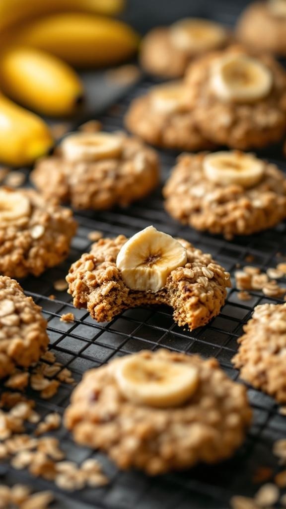 Freshly baked banana oatmeal cookies on a cooling rack with bananas in the background.