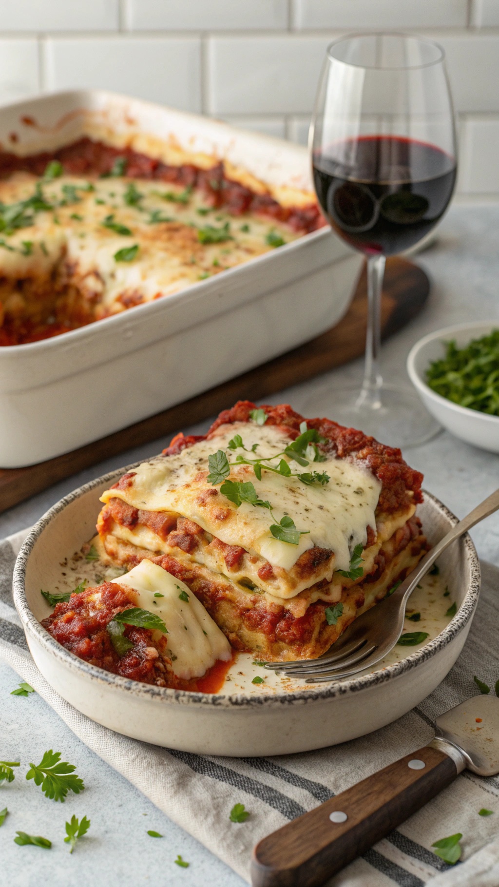A slice of cauliflower lasagna served on a plate with marinara sauce and cheese, alongside a glass of red wine.