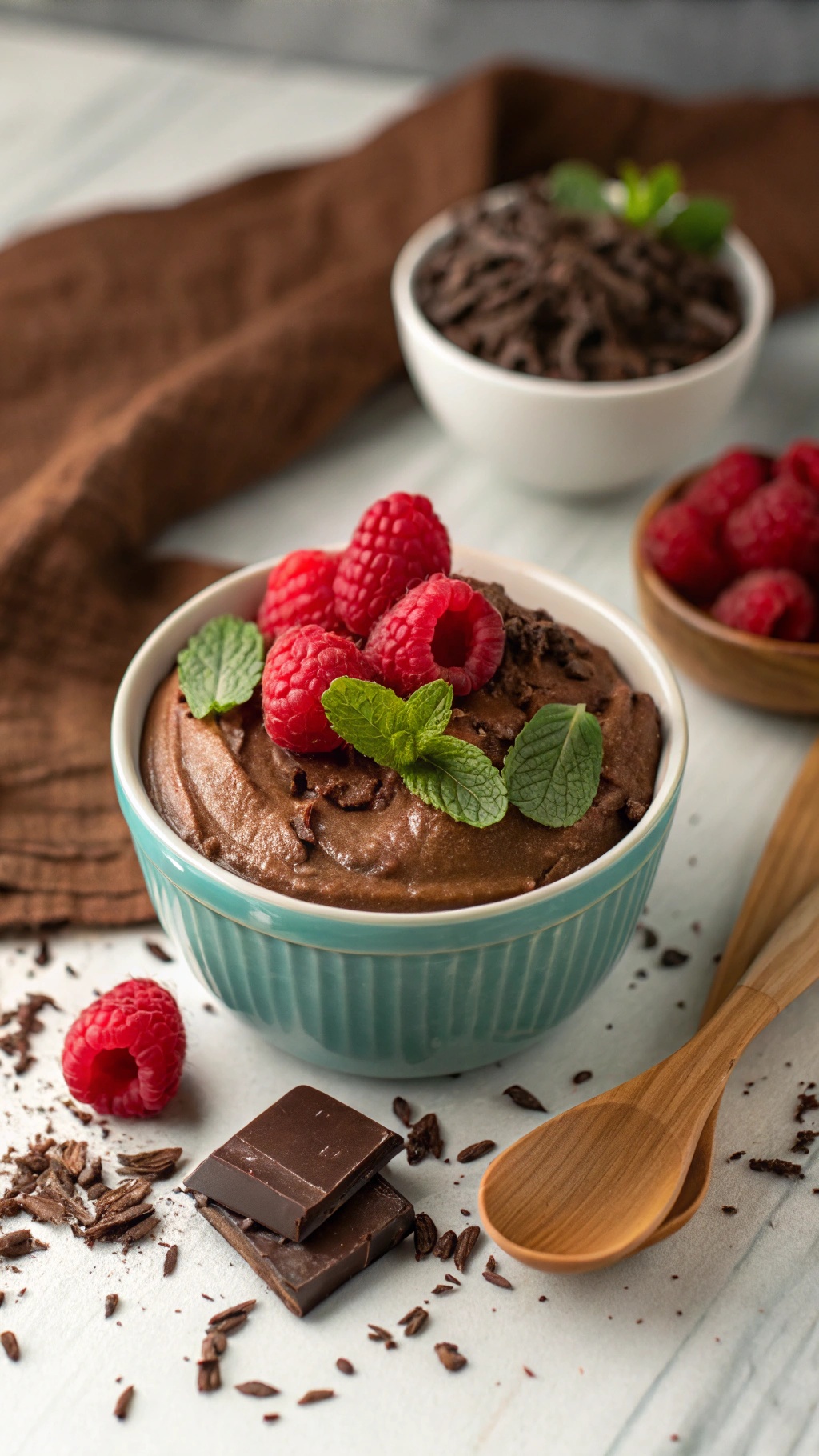 A bowl of chocolate avocado mousse topped with raspberries and mint leaves, surrounded by chocolate shavings.