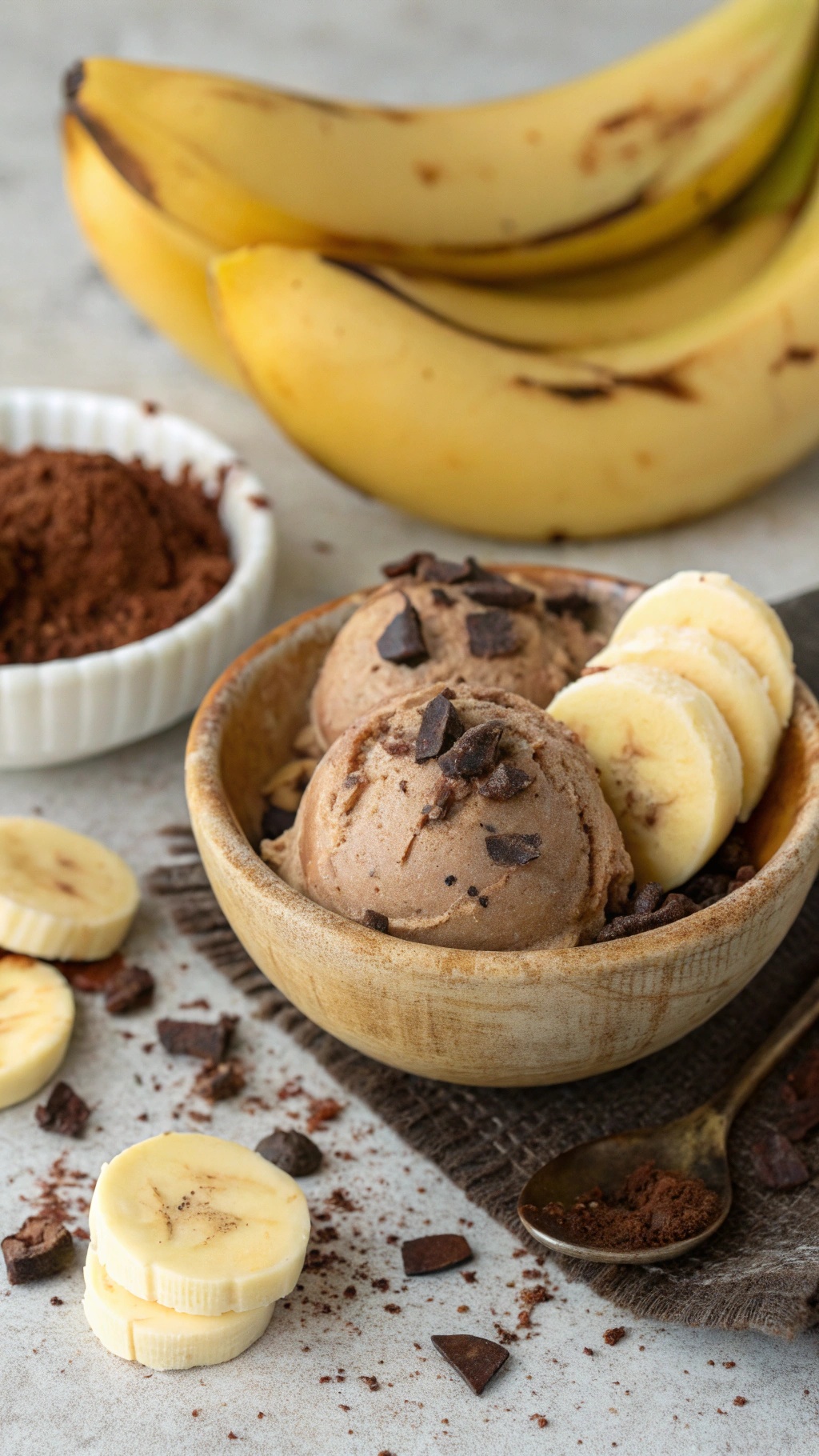 Bowl of chocolate banana ice cream with chocolate chunks and banana slices, surrounded by ripe bananas and cocoa powder.