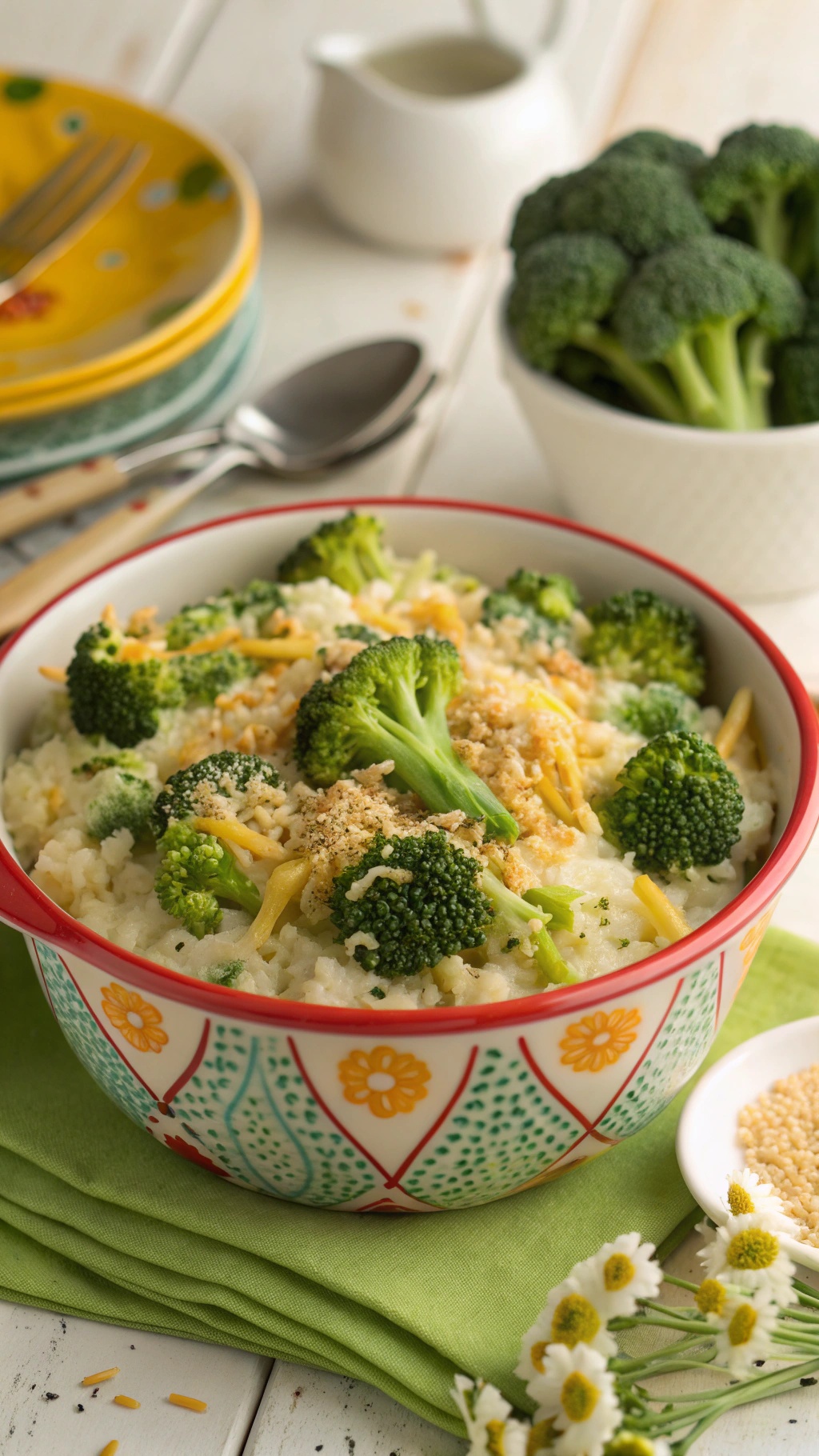 A colorful bowl of cheesy broccoli rice with broccoli florets and a sprinkle of breadcrumbs, surrounded by plates and fresh broccoli.