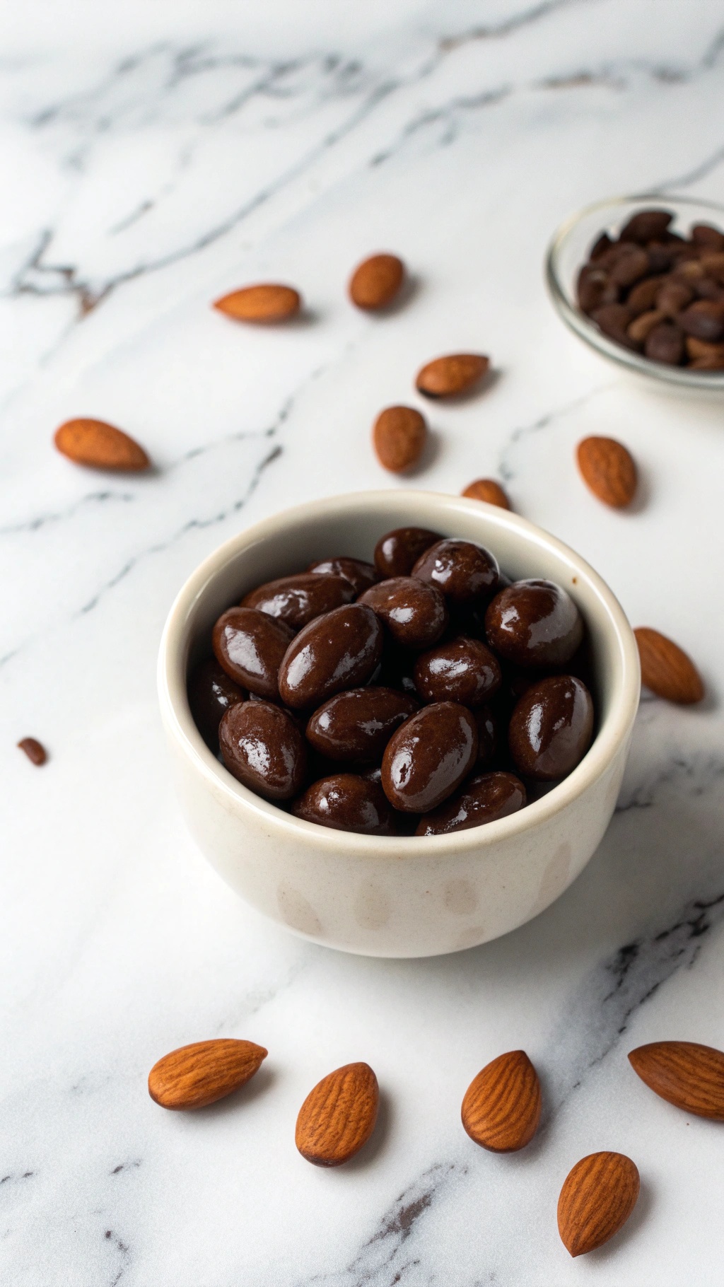 A bowl of dark chocolate-covered almonds on a marble surface, with some almonds scattered around.