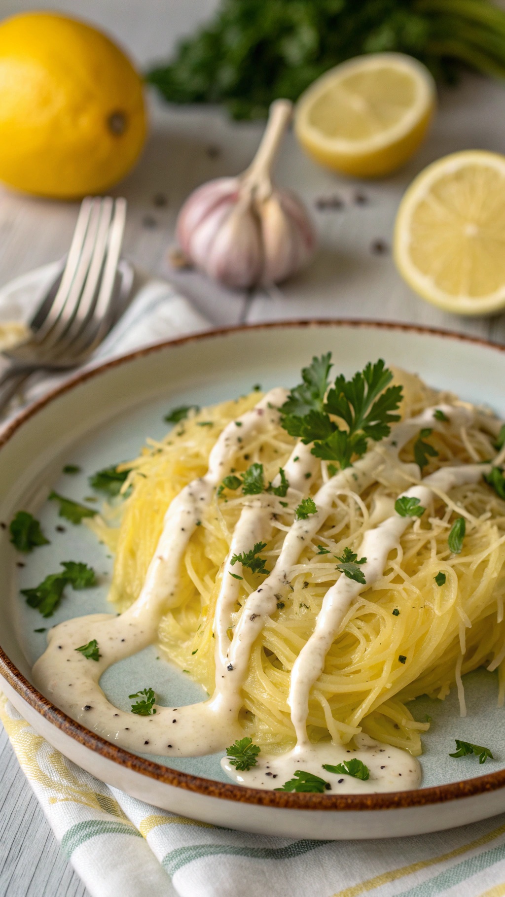 A plate of spaghetti squash topped with creamy garlic sauce and garnished with parsley, with lemons and garlic in the background.