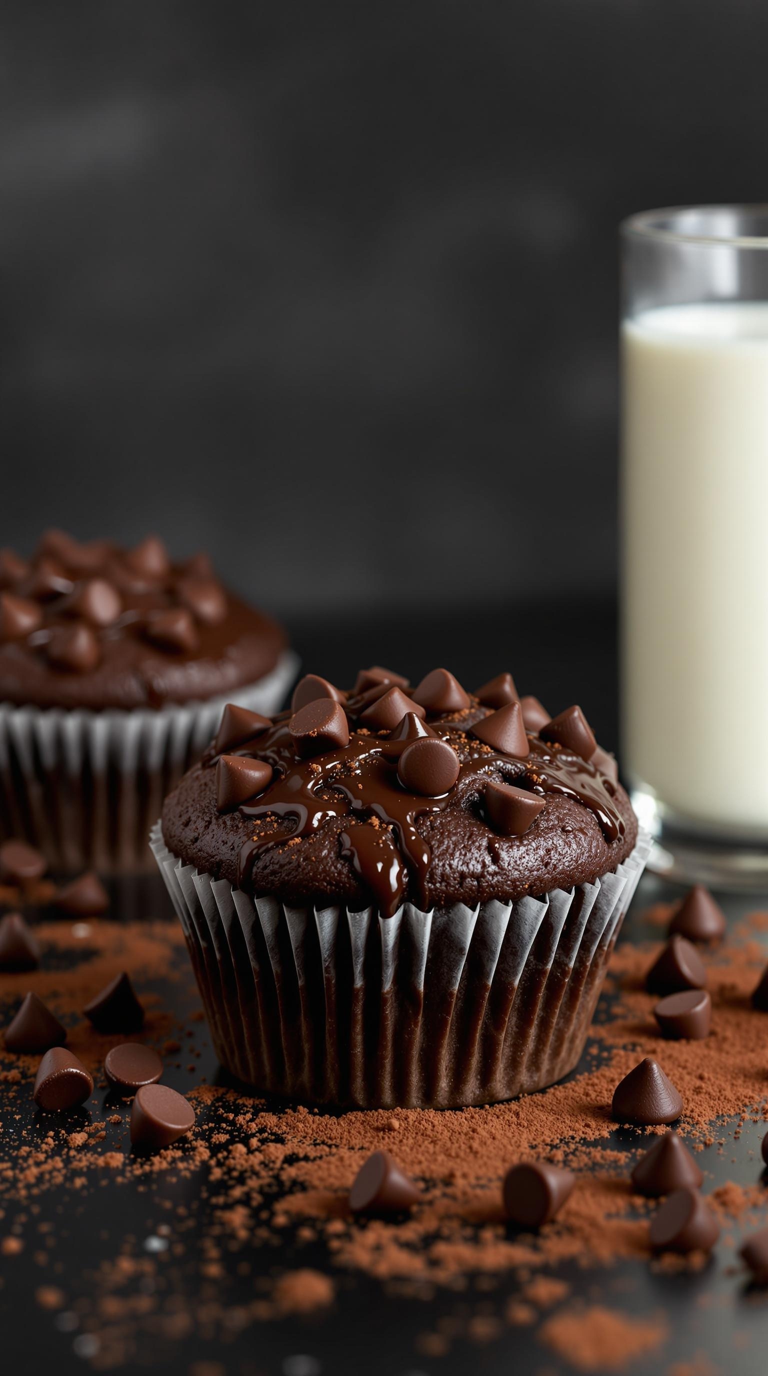 Delicious double chocolate muffins topped with chocolate chips and a glass of milk.