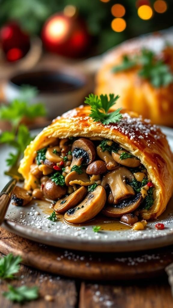 A beautifully plated Vegan Mushroom Wellington with a golden pastry crust and a filling of mushrooms and greens.