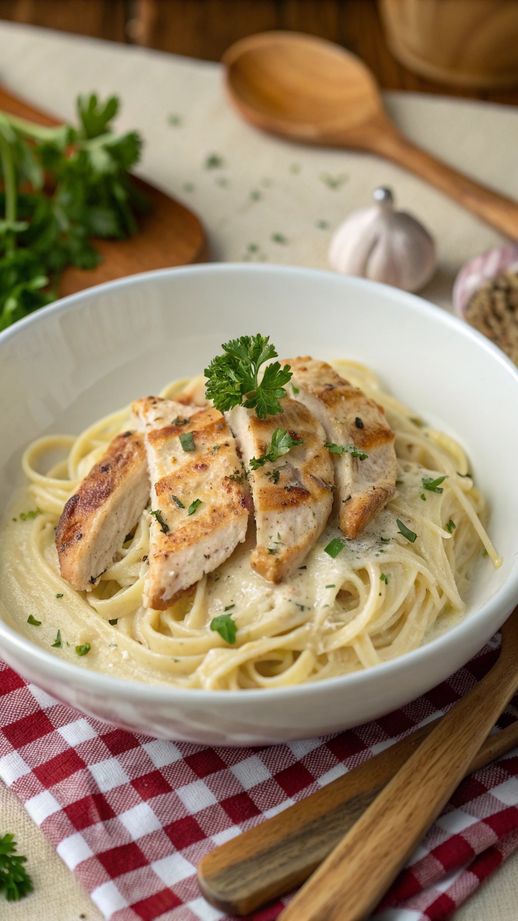 A bowl of chicken Alfredo spaghetti topped with grilled chicken and parsley.