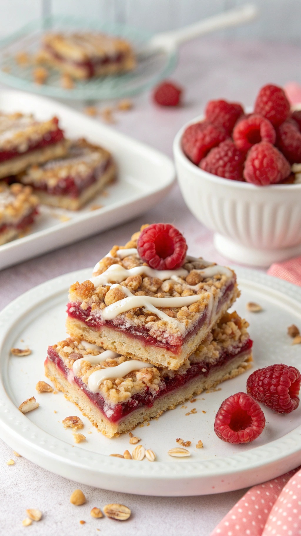 Raspberry almond crumble bars on a plate with fresh raspberries