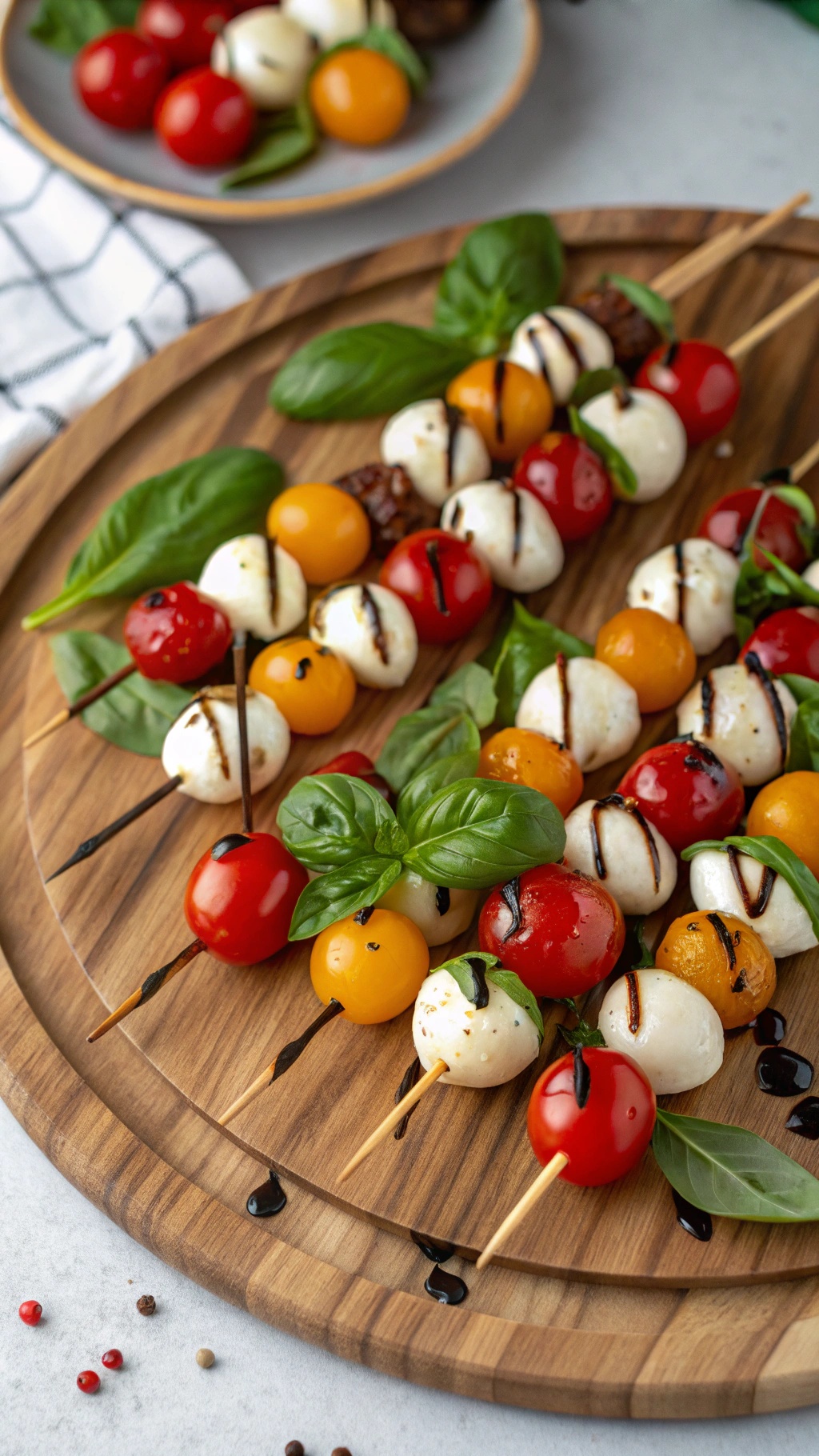 Caprese skewers with cherry tomatoes, mozzarella, and basil on a wooden platter