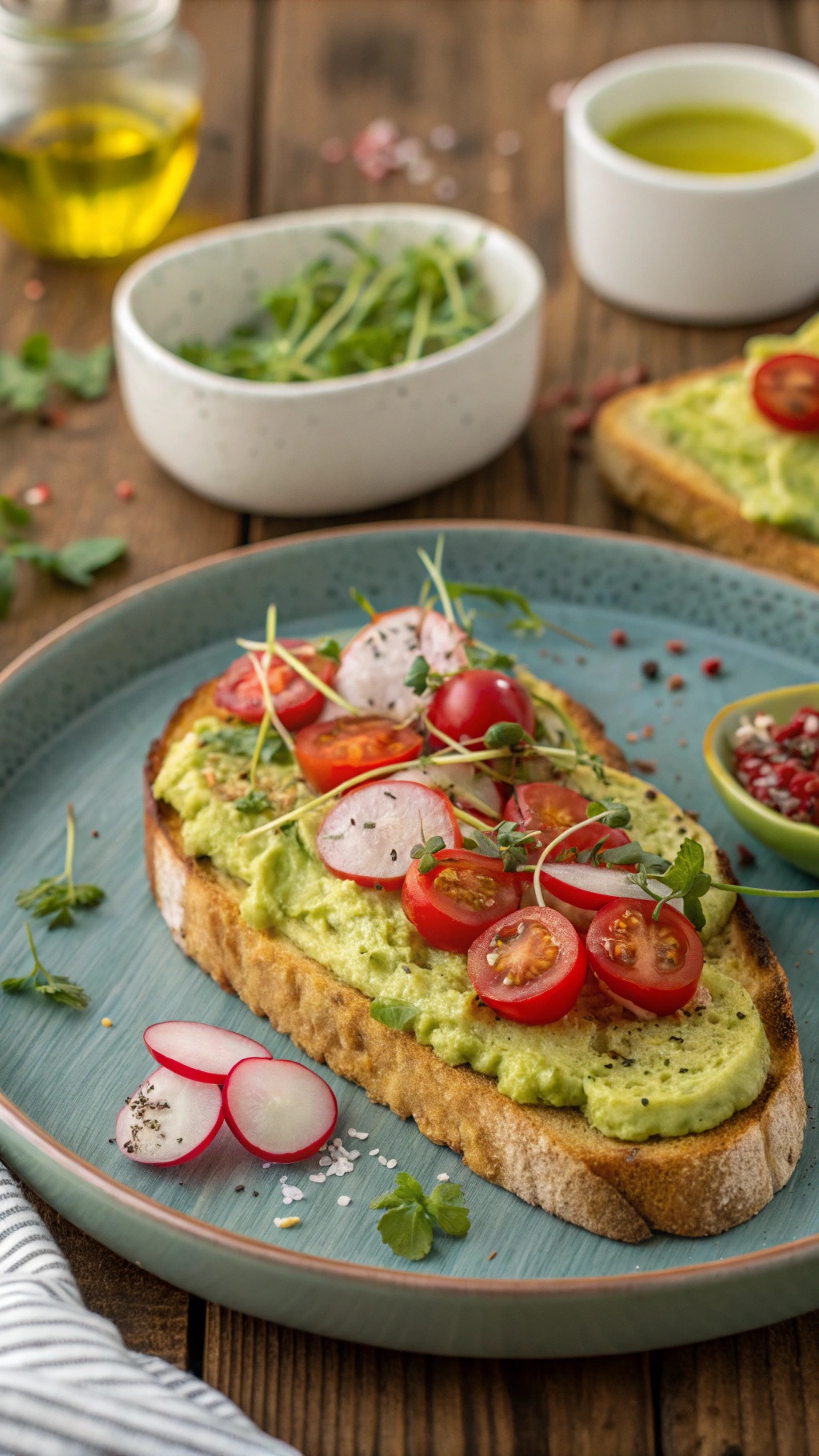 A plate of avocado toast topped with cherry tomatoes and radishes, garnished with herbs.