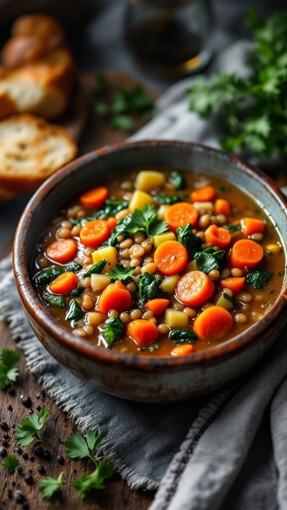 A bowl of colorful lentil soup with carrots, spinach, and potatoes, served with bread.