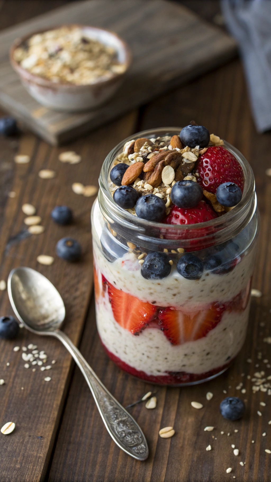 A jar of overnight oats layered with strawberries, blueberries, and nuts on a wooden table.