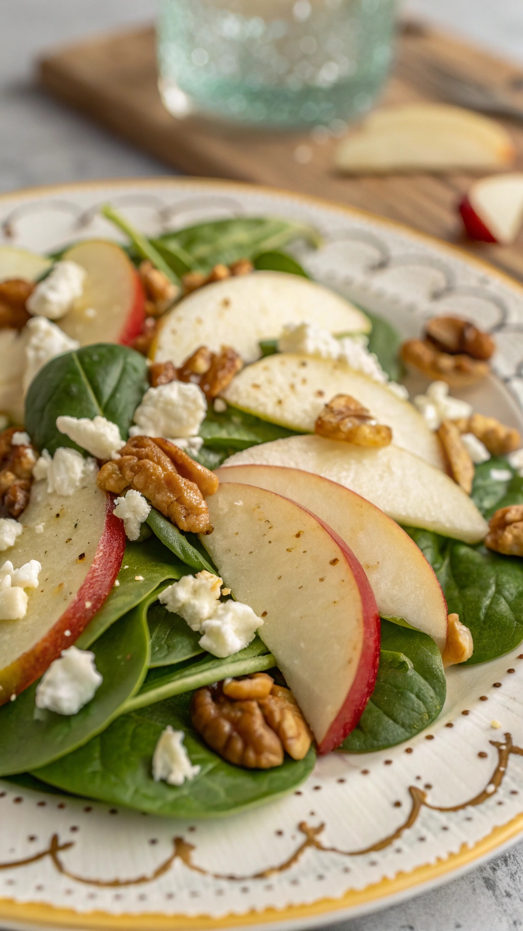 A fresh apple and spinach salad with nuts and feta cheese on a decorative plate.